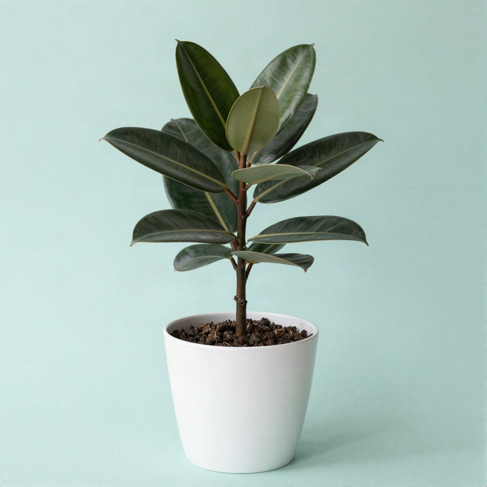 A rubber plant with glossy dark green leaves in a white pot