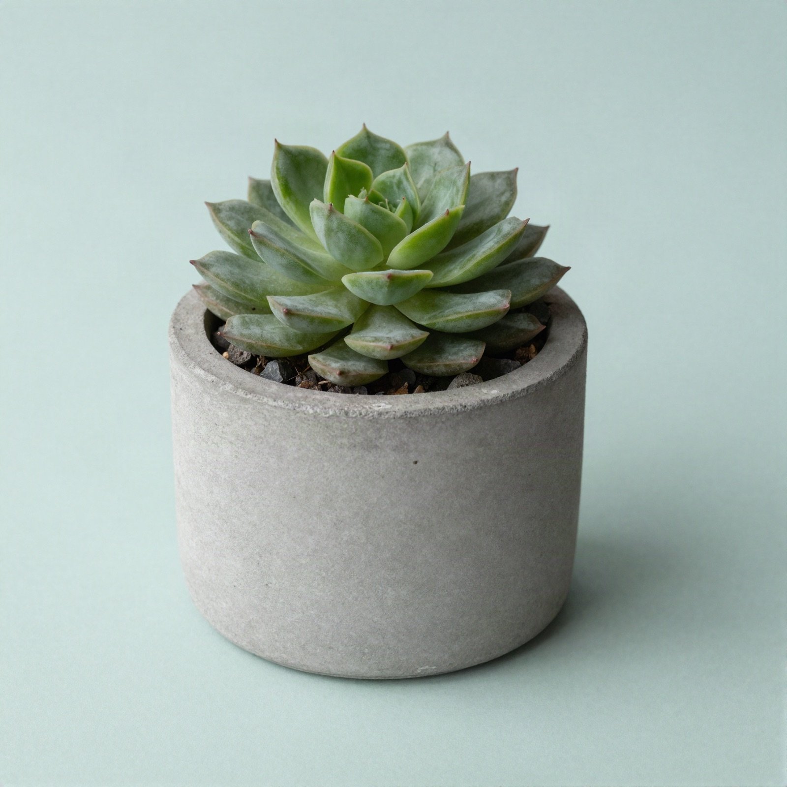 A green succulent rosette in a round grey concrete pot