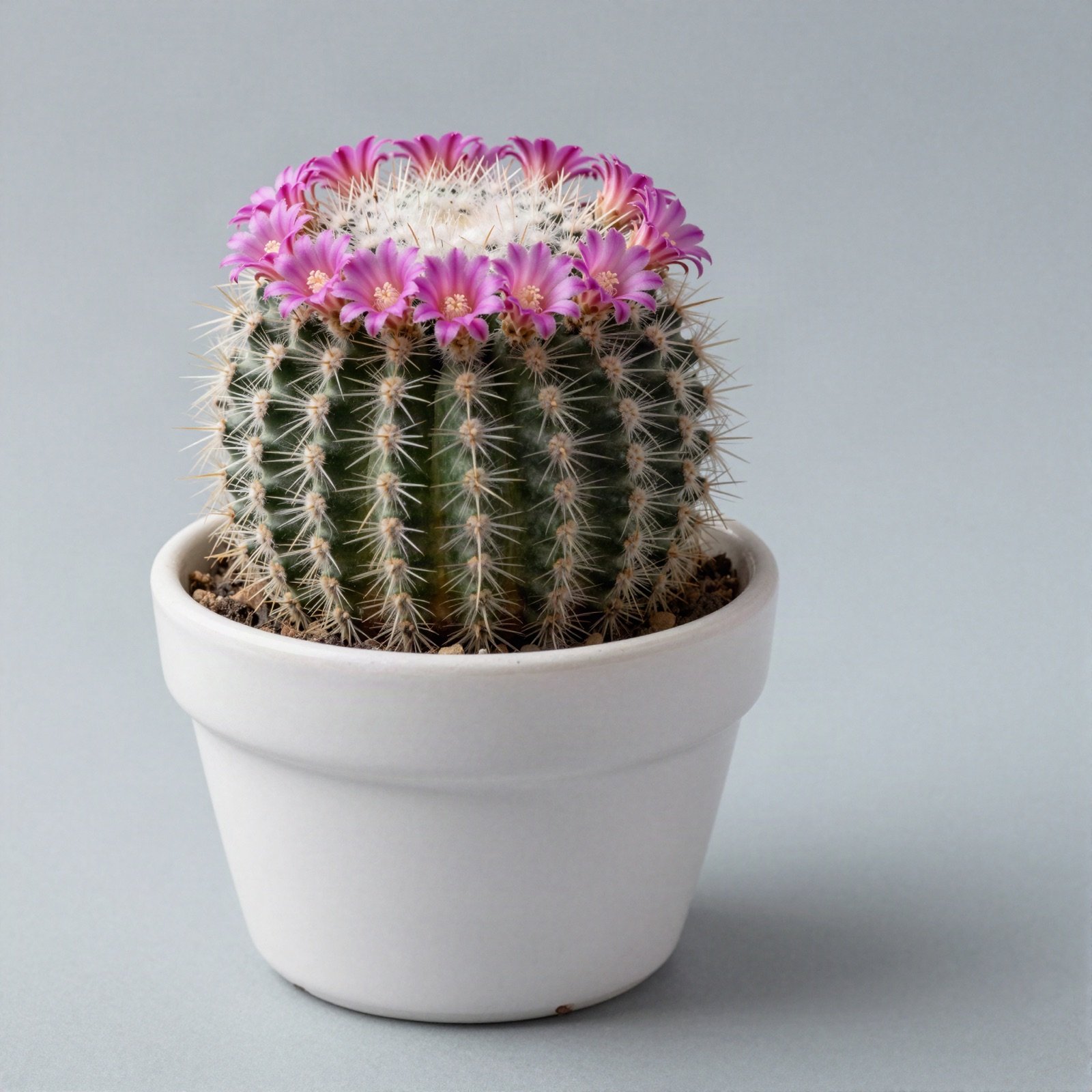 Old lady cactus with soft white hairs and a ring of pink flowers in a white pot