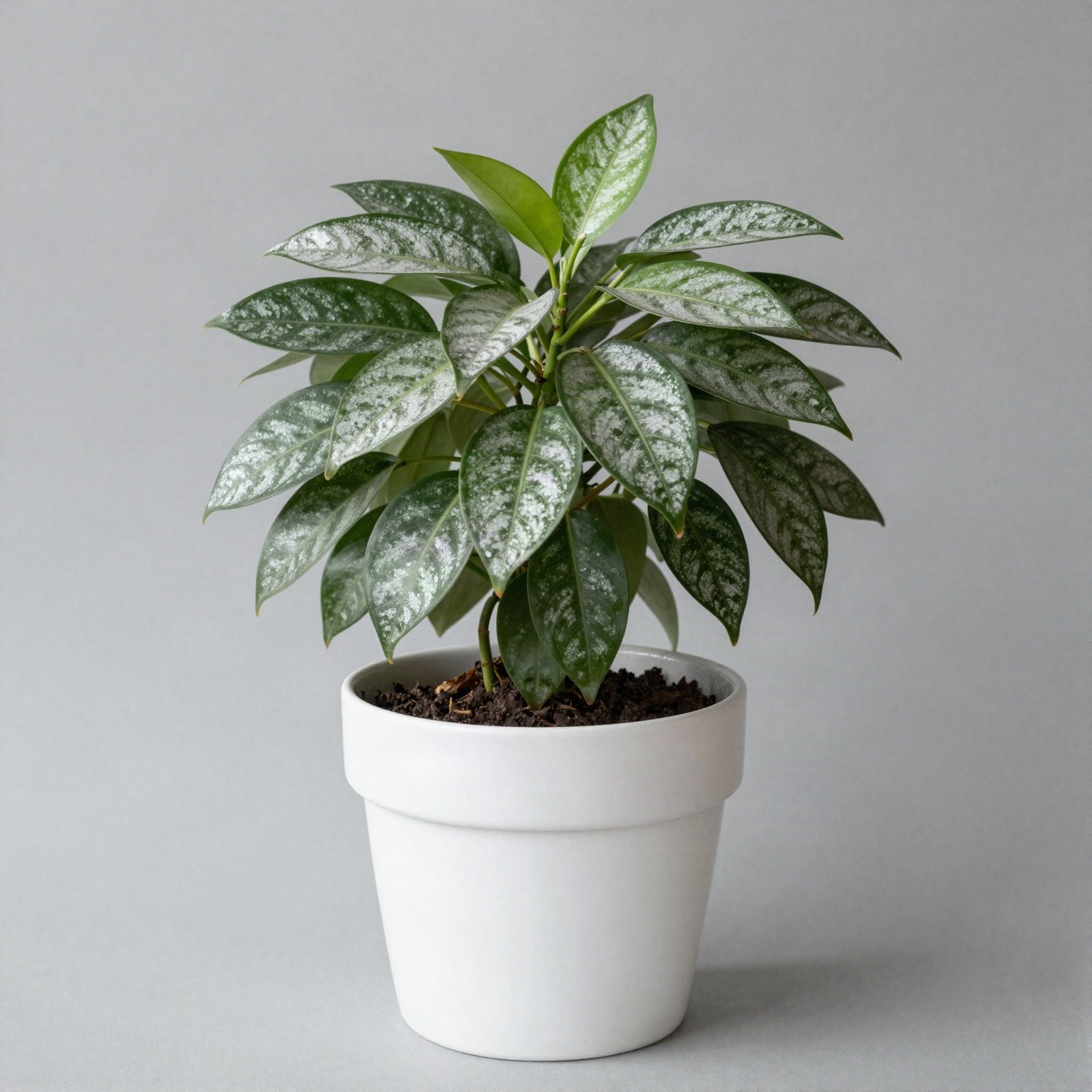 Aluminum plant with silver-splashed green leaves in a white pot
