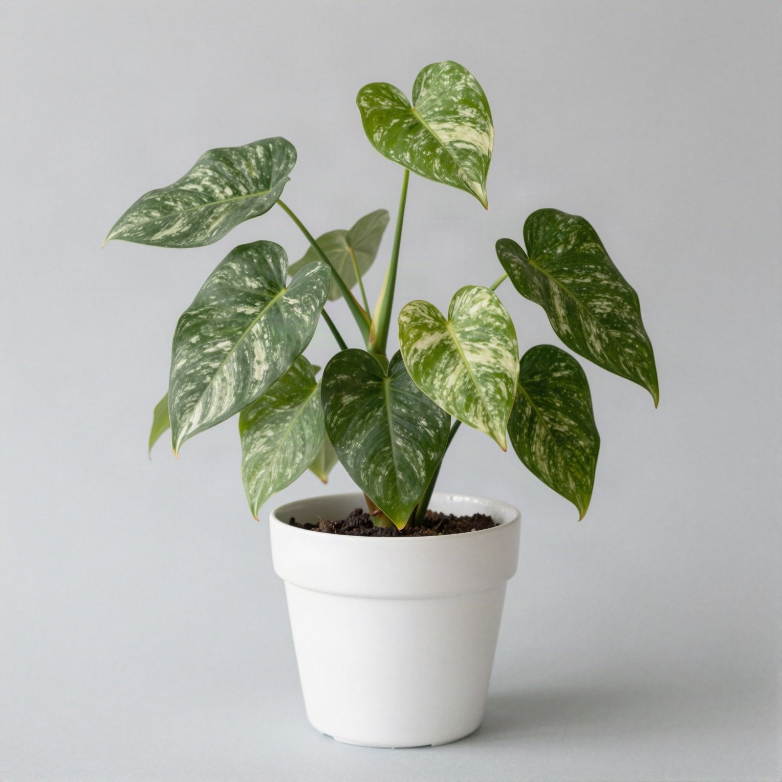 Arrowhead plant with green and cream variegated leaves in a white pot