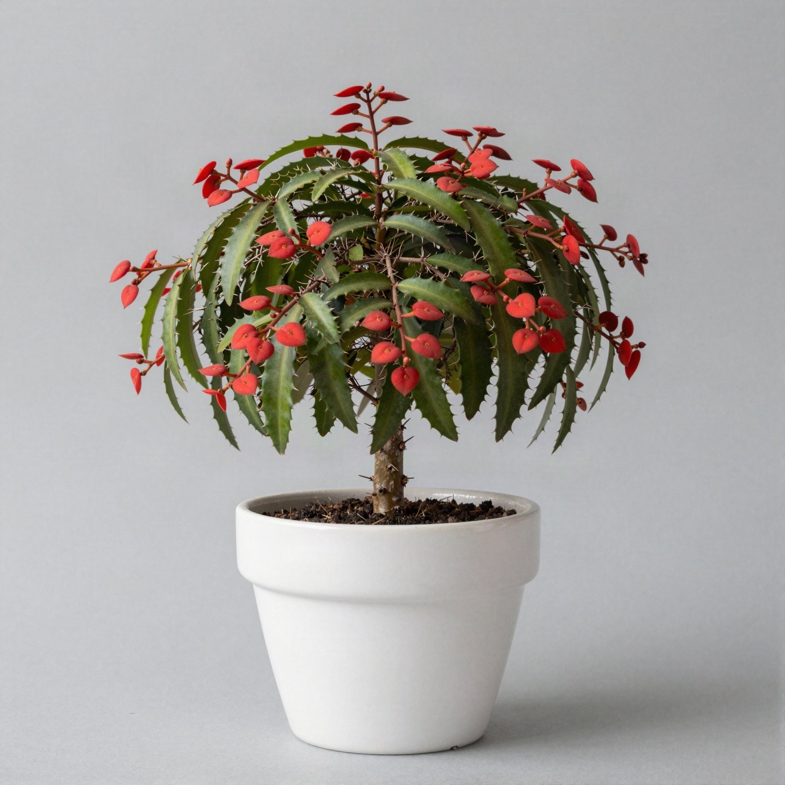 Flowering crown of thorns shrub with red blooms in a white pot