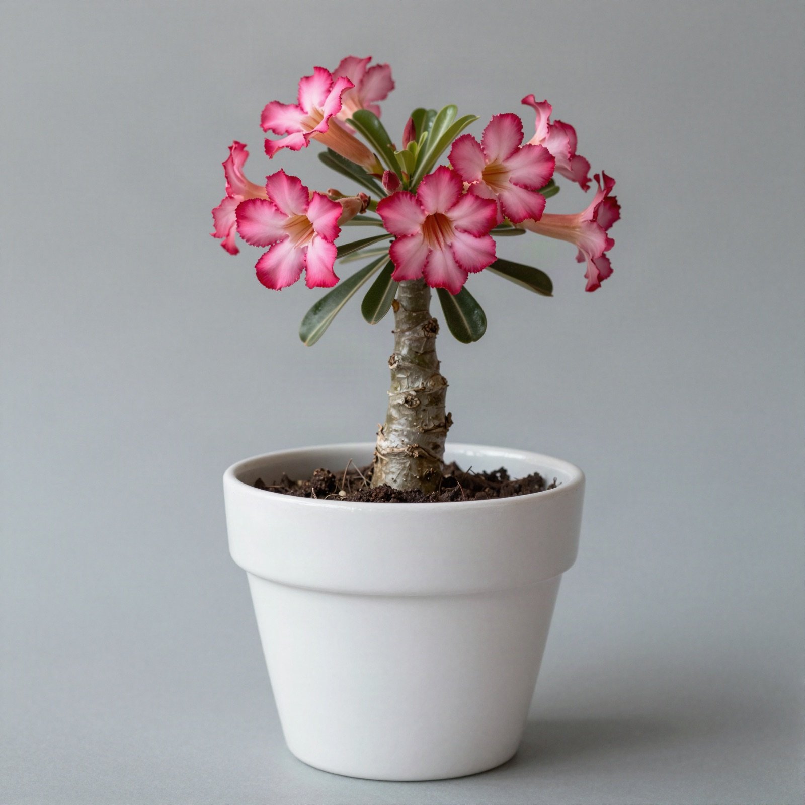Desert rose with a swollen trunk and pink trumpet flowers in a white pot