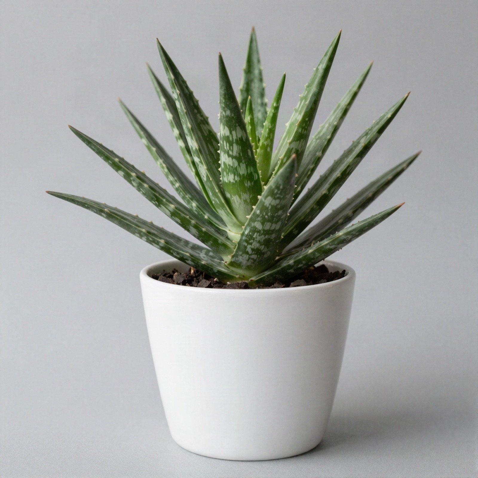 Tiger aloe with banded, pointed leaves in a white pot
