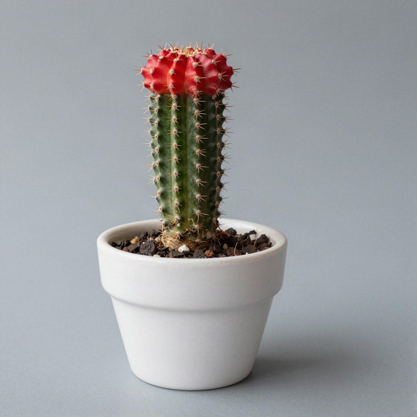 Grafted cactus with a red top on a green rootstock in a small white pot