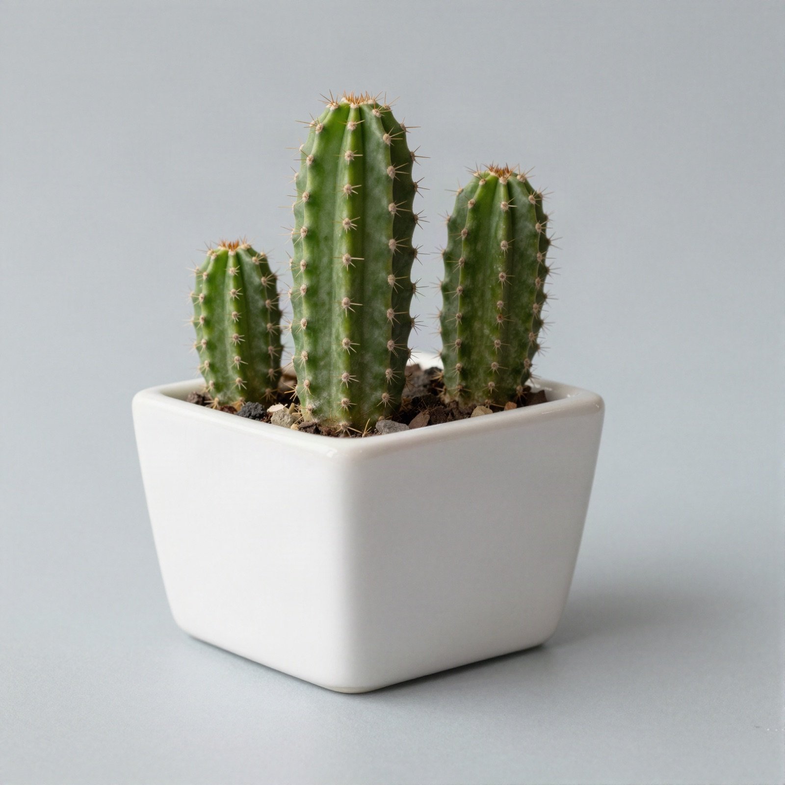 Three small desk cacti in a white square planter