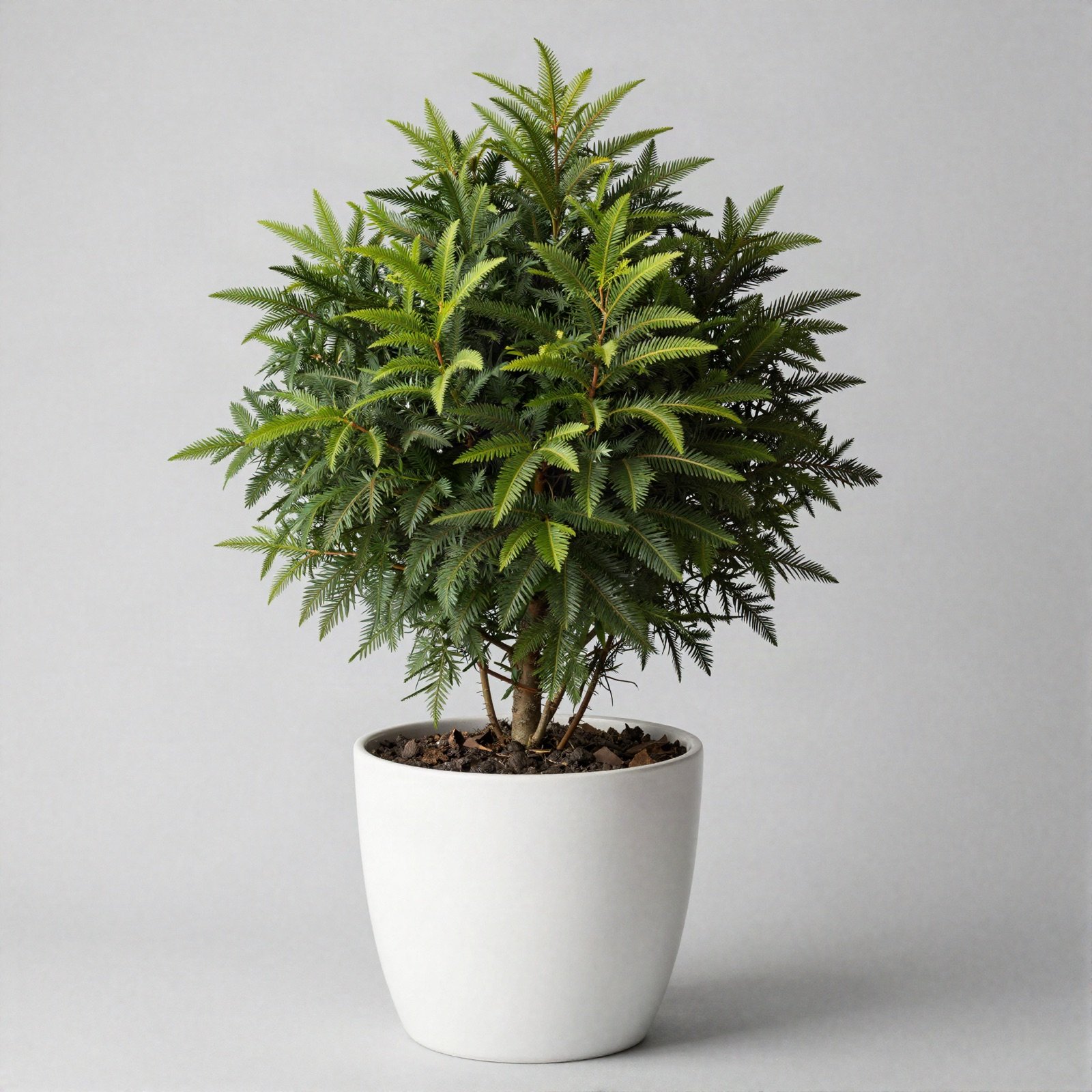 Lush leafy evergreen houseplant in a white pot