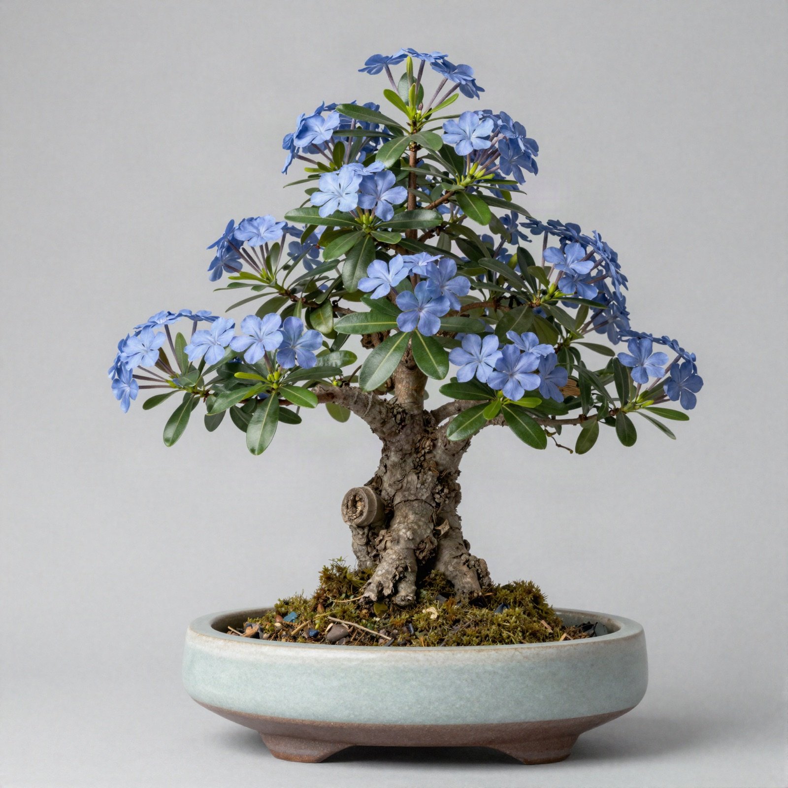 Flowering bonsai with periwinkle-blue blooms in a pale ceramic pot