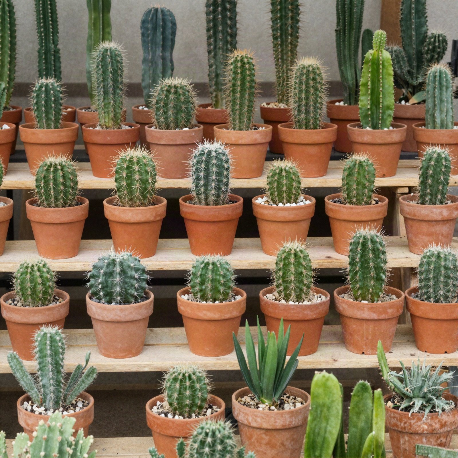 Rows of cacti in terracotta pots on wooden shelves