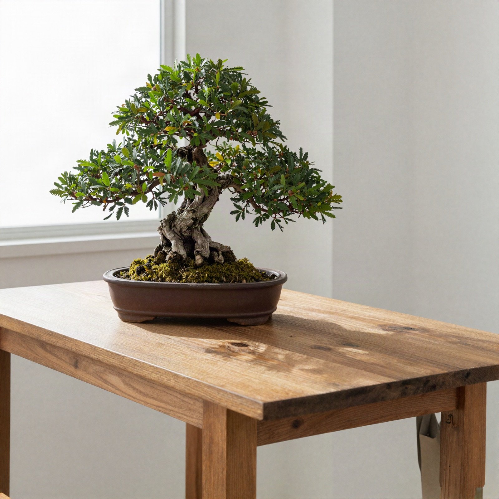 Bonsai tree on a wooden table beside a bright window