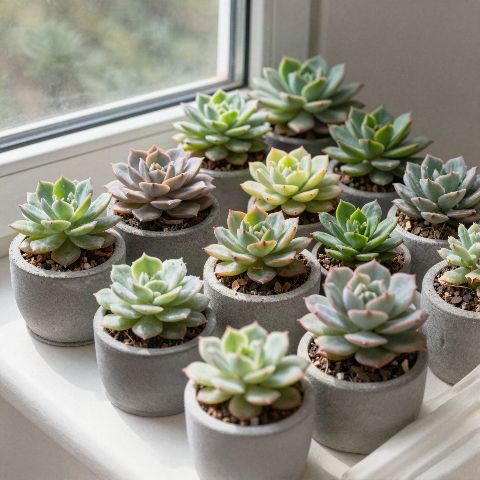 Succulent rosettes in concrete pots on a sunny windowsill