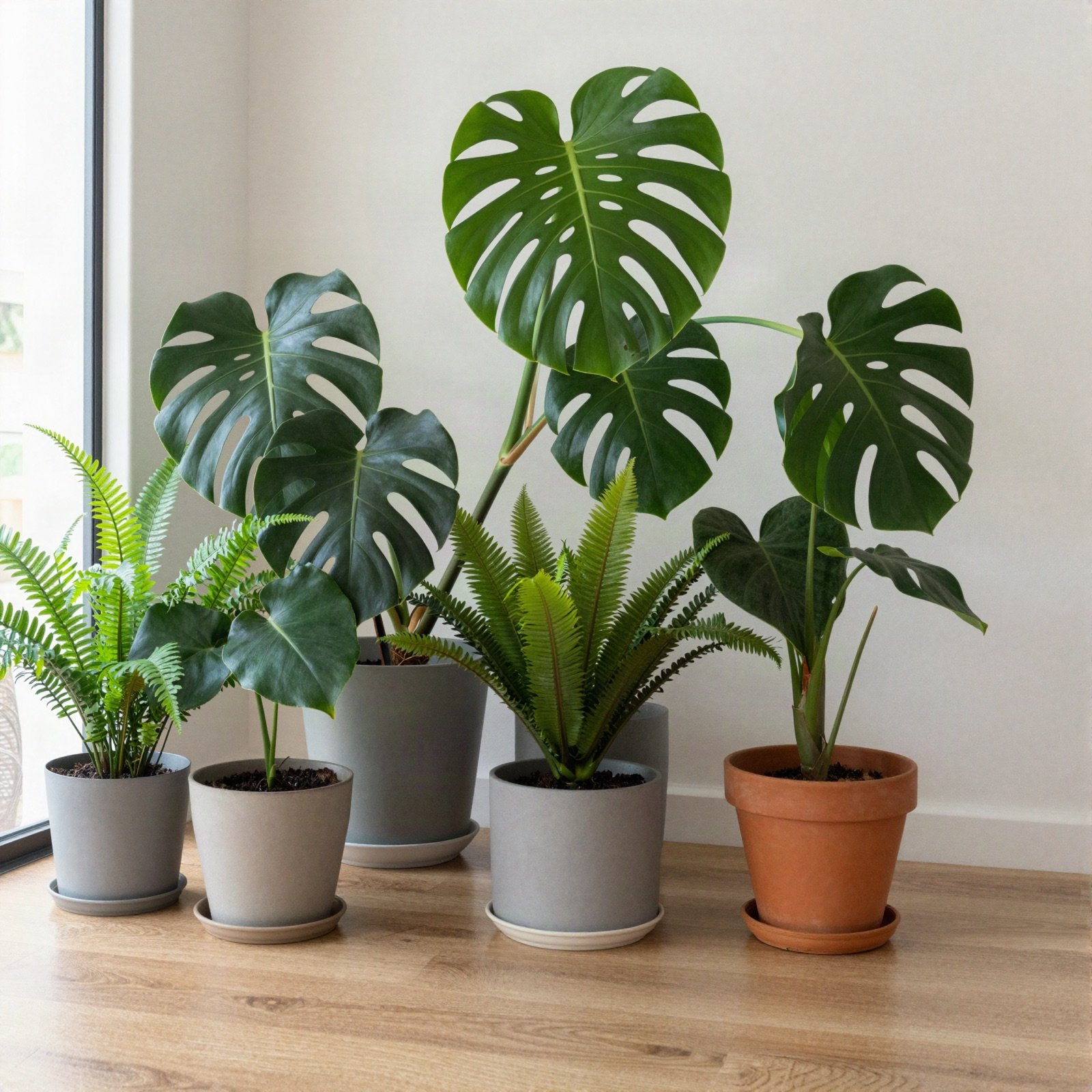 Monstera and fern plants in pots in a bright living room corner
