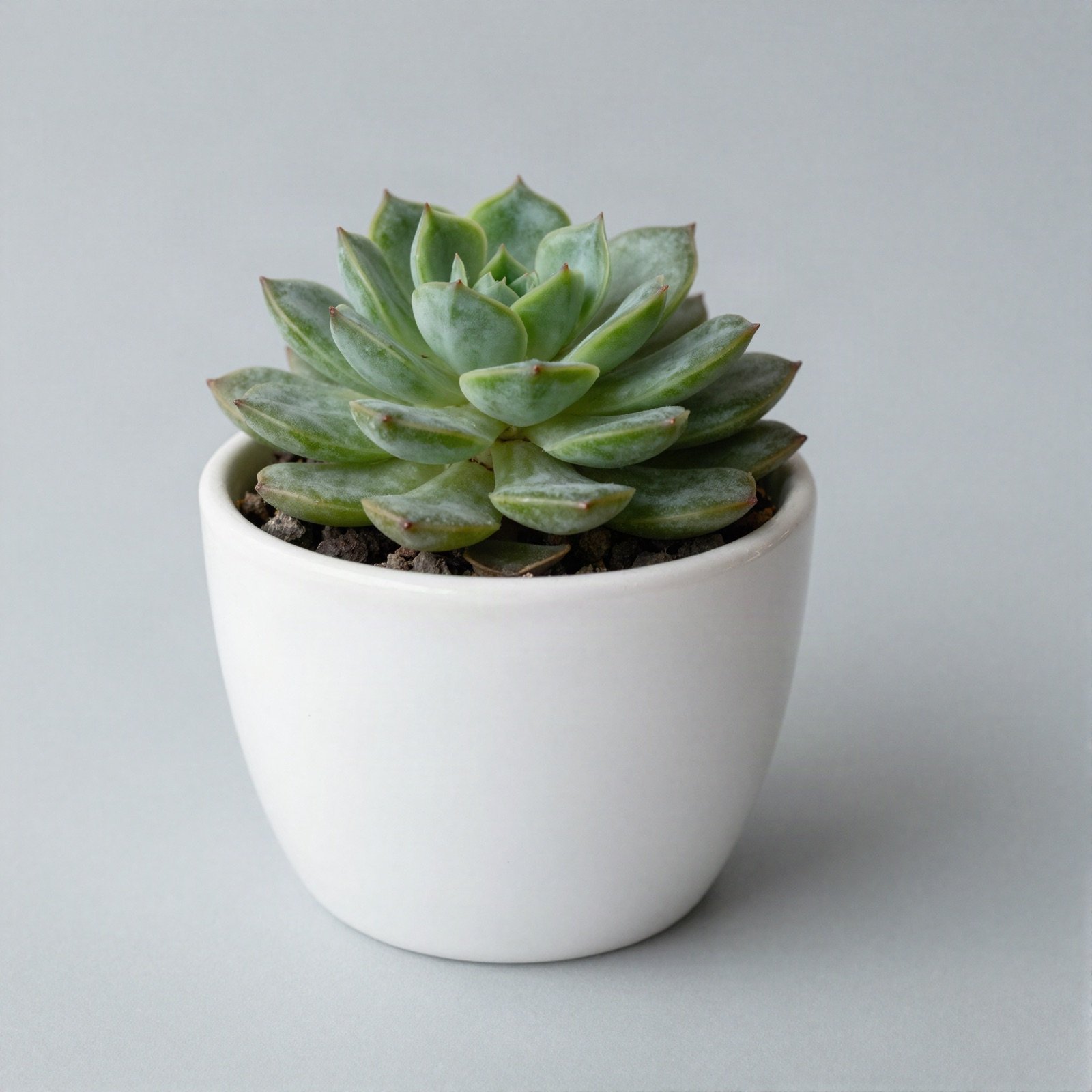 A pale green succulent rosette in a white ceramic pot