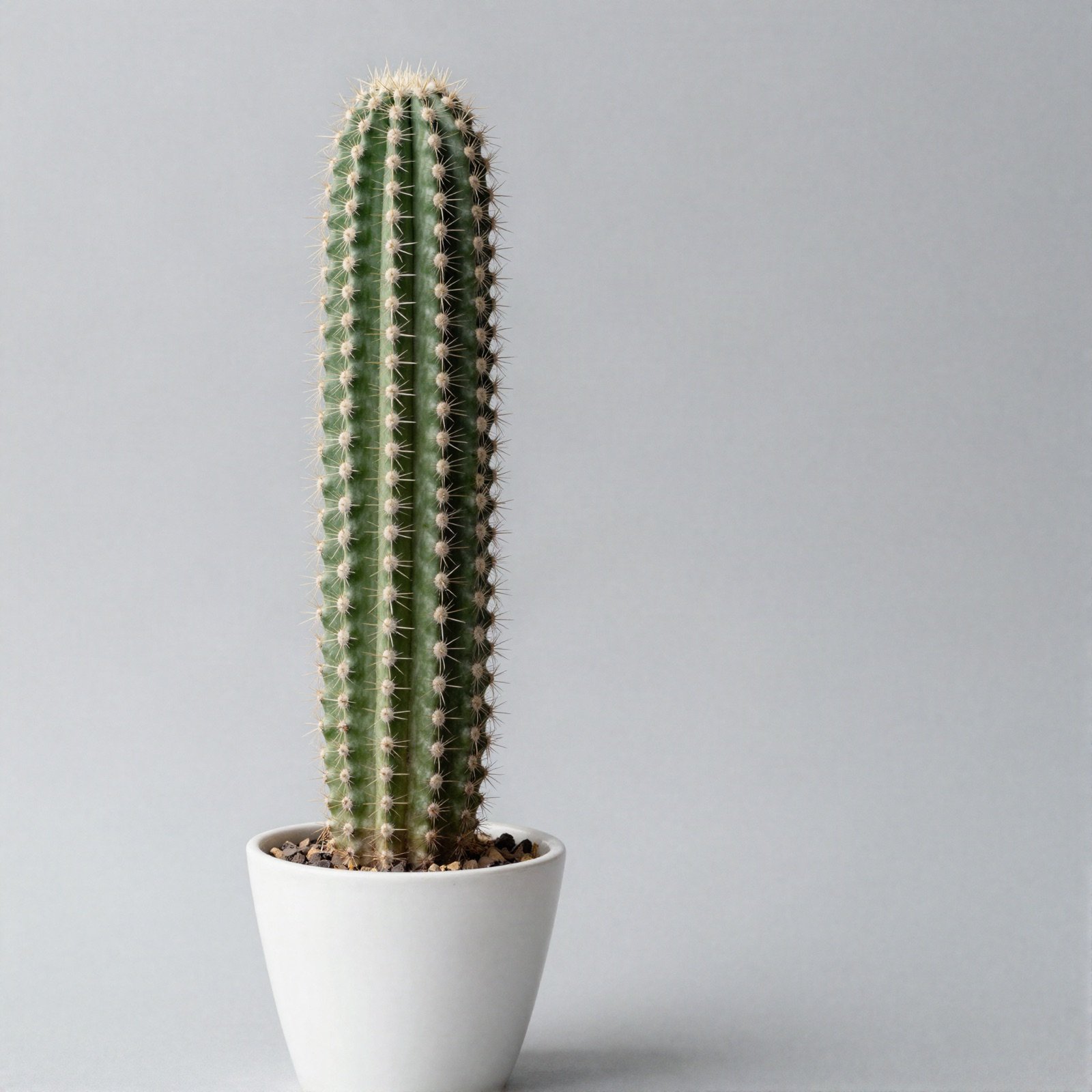 A tall columnar cactus with fine spines in a small white pot