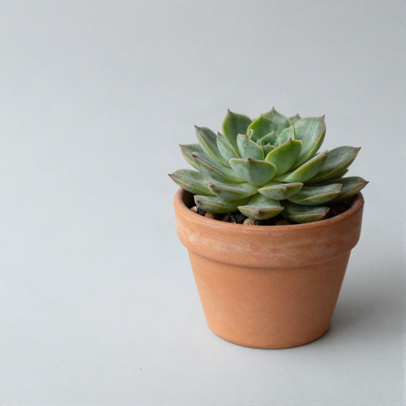 A lotus-shaped echeveria succulent in a terracotta pot