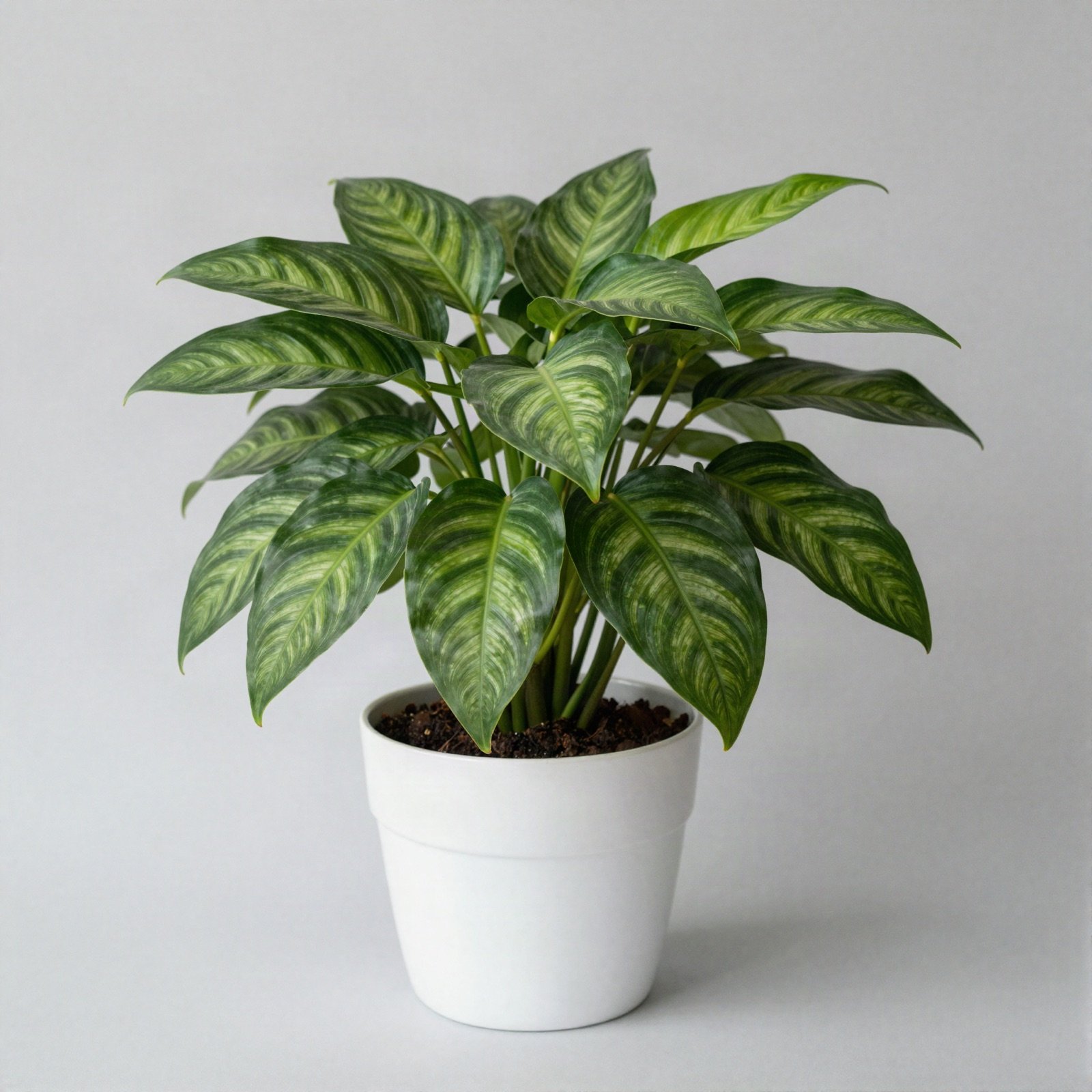 A leafy houseplant with striped green leaves in a white pot