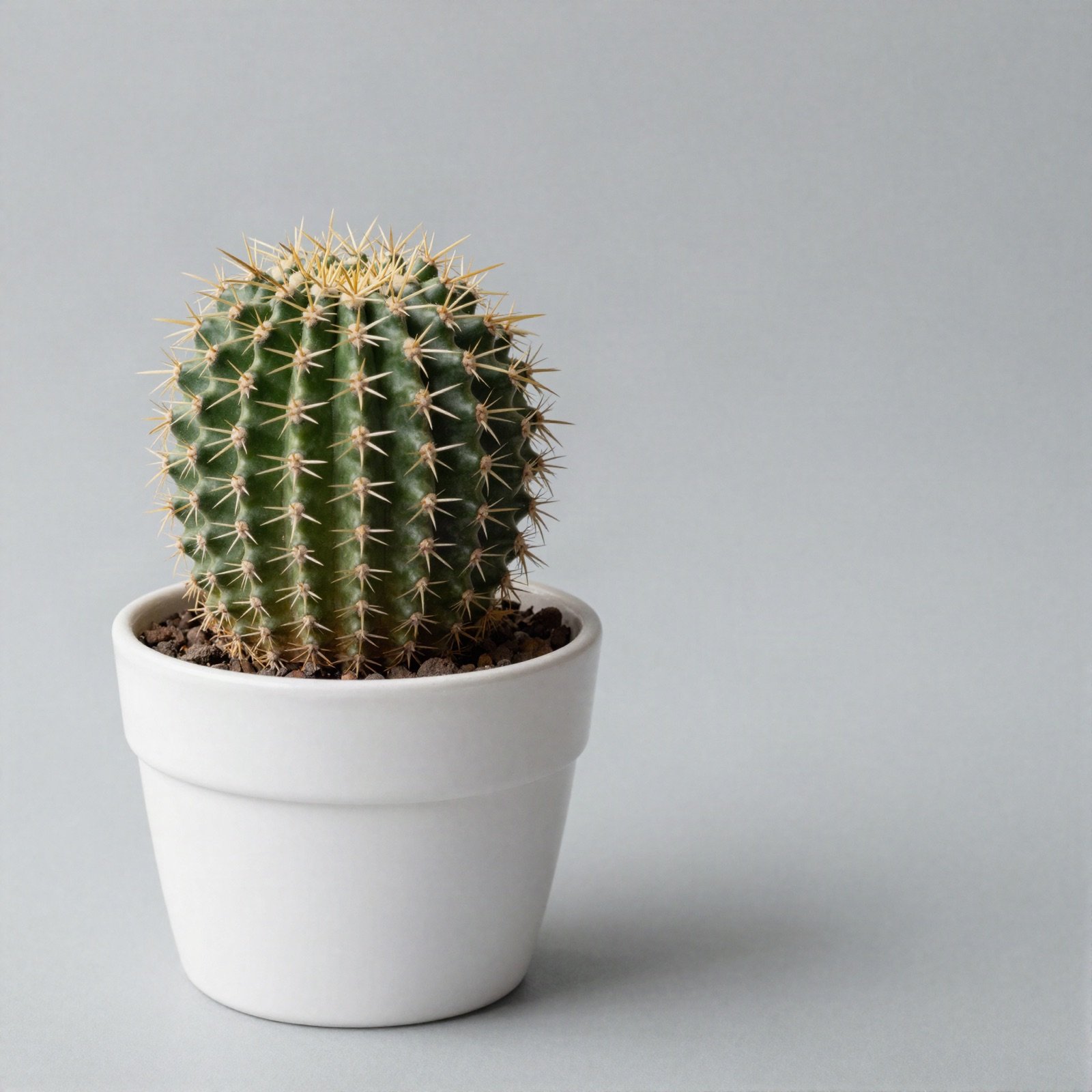 A round green ball cactus with golden spines in a white pot