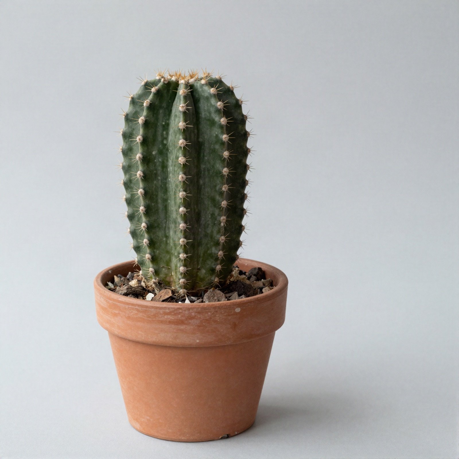 A small ribbed cactus in a terracotta pot