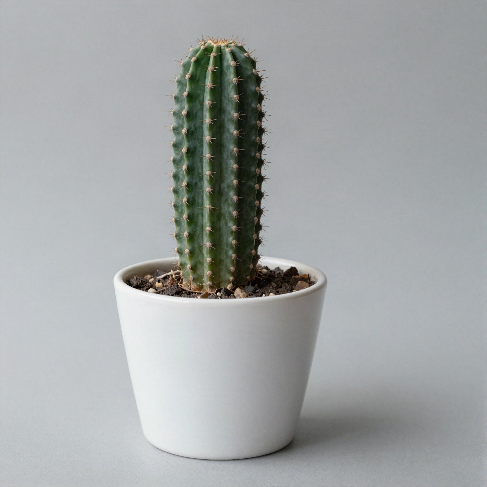 A small columnar blue-green cactus in a white pot