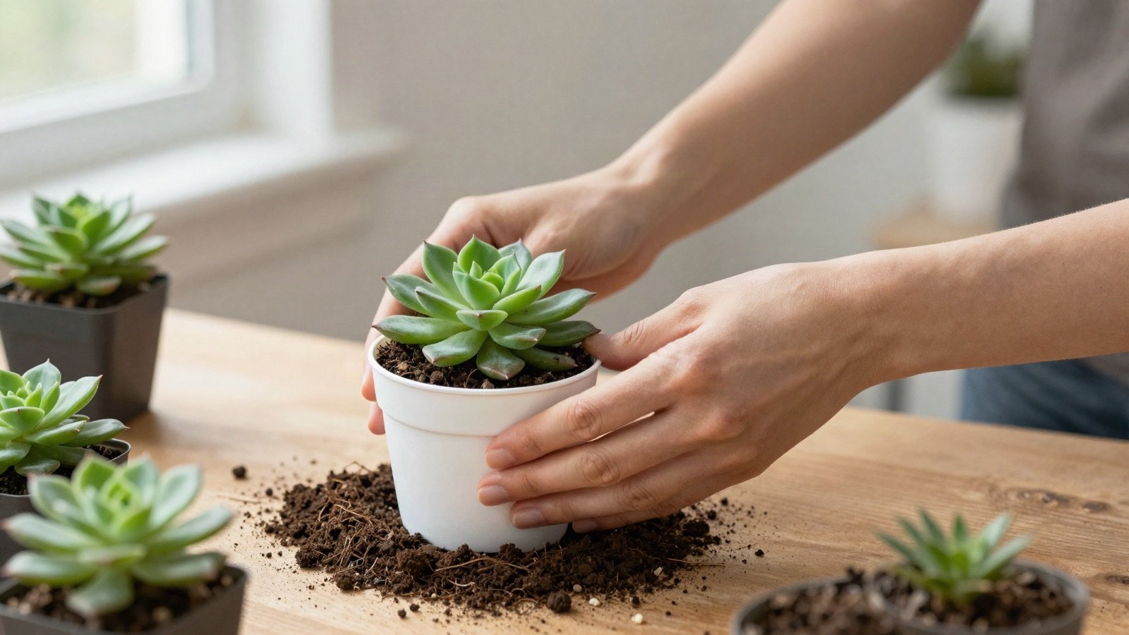 Hands repotting a small succulent into a white pot
