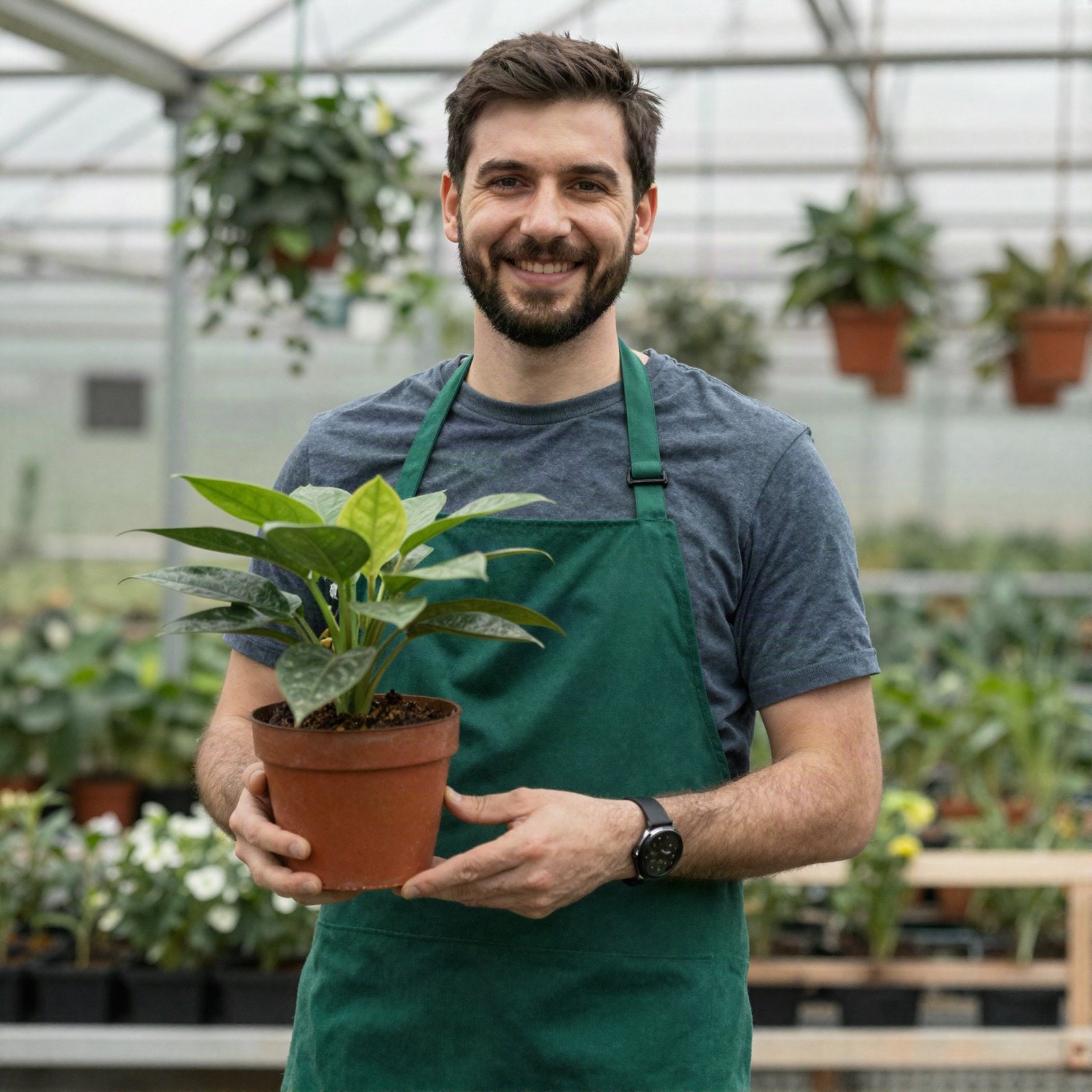 A smiling man in a green apron holding a potted plant in a greenhouse