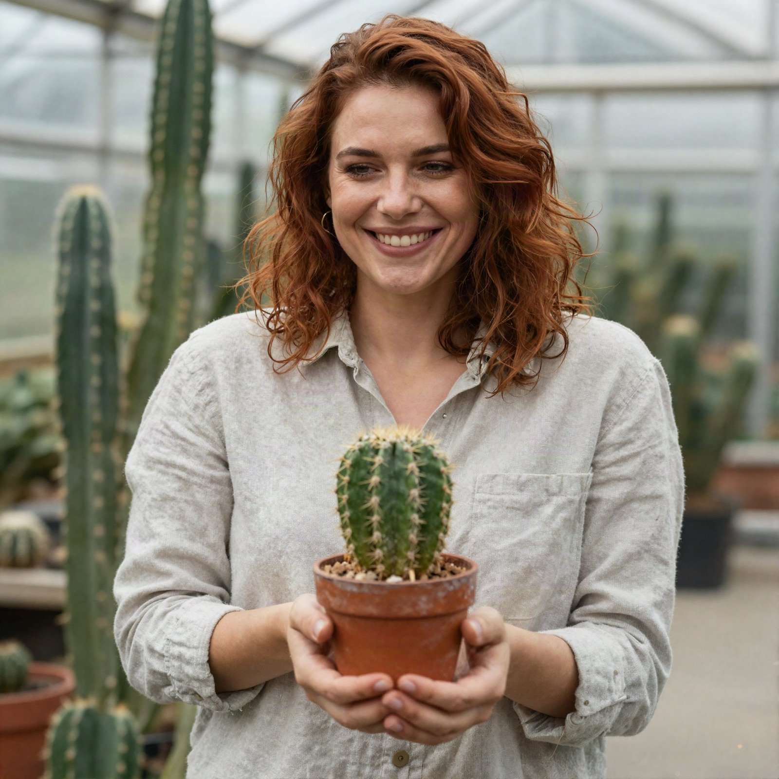 A smiling woman with auburn hair holding a small cactus