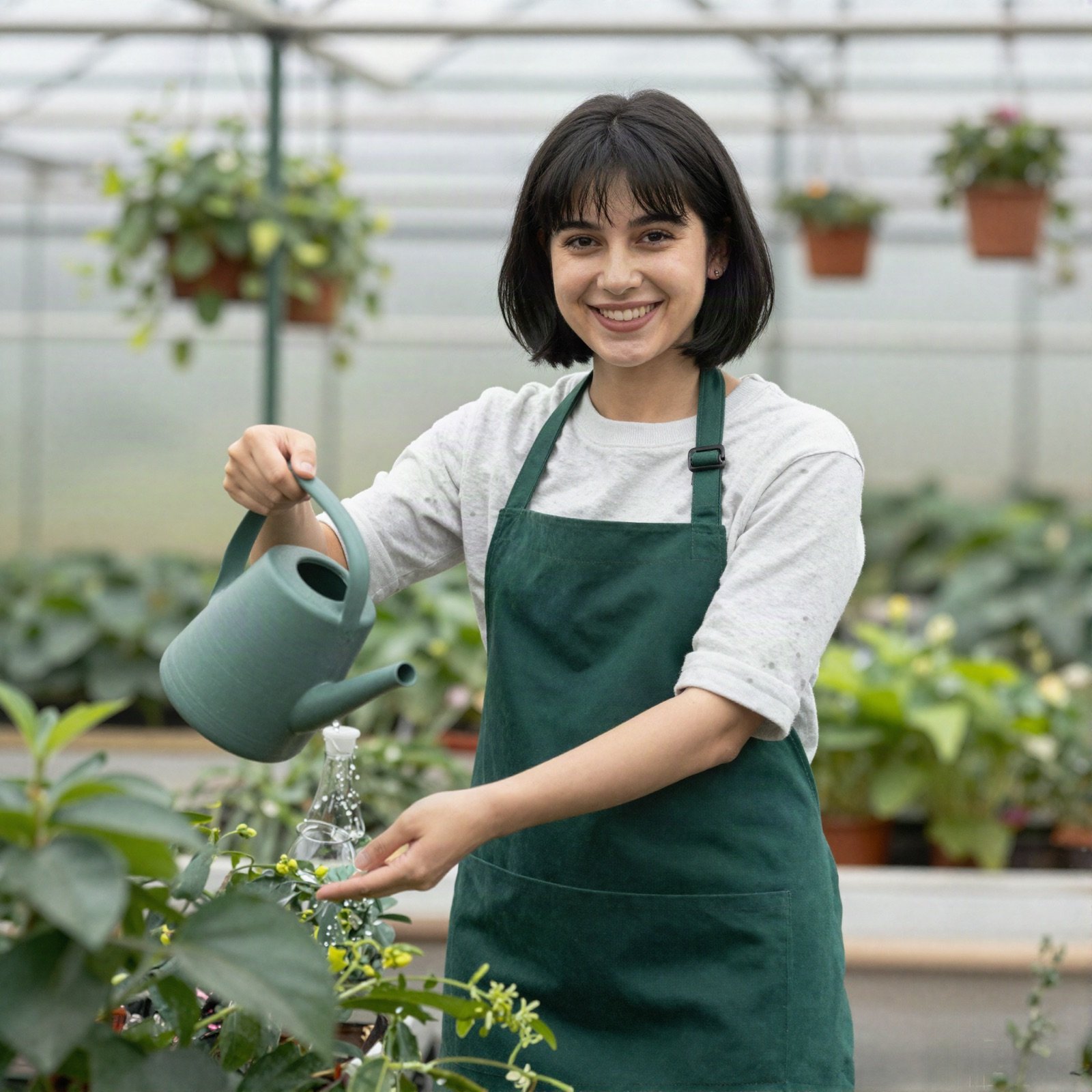 A smiling woman in a green apron watering plants