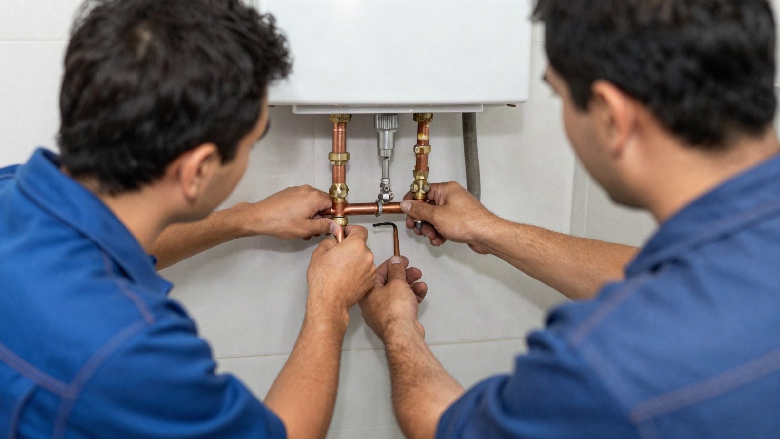 سبّاكان يركّبان أنابيب نحاسية تحت سخان مياه مثبّت على الجدار