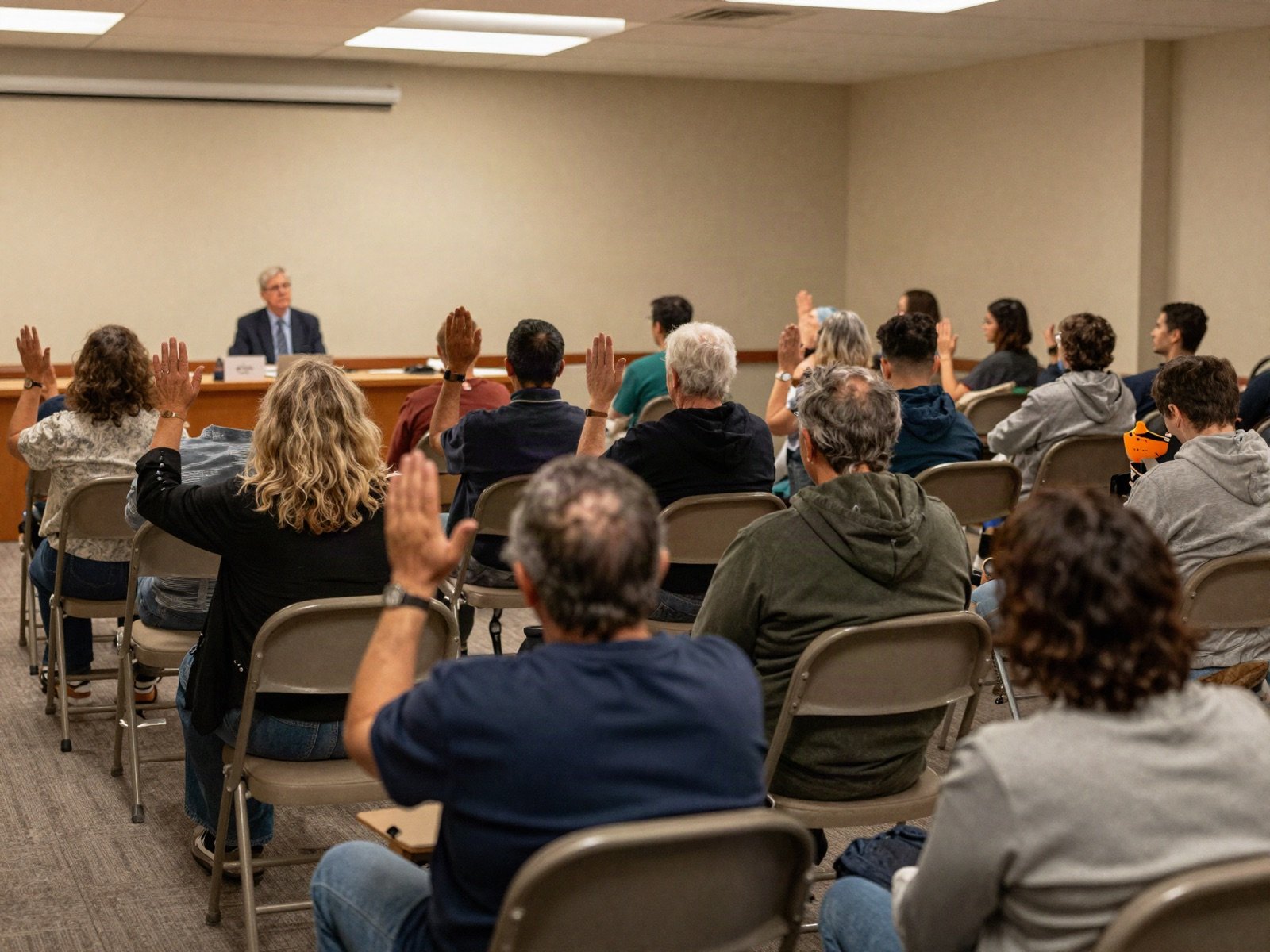 Residents raising their hands at a community town hall meeting