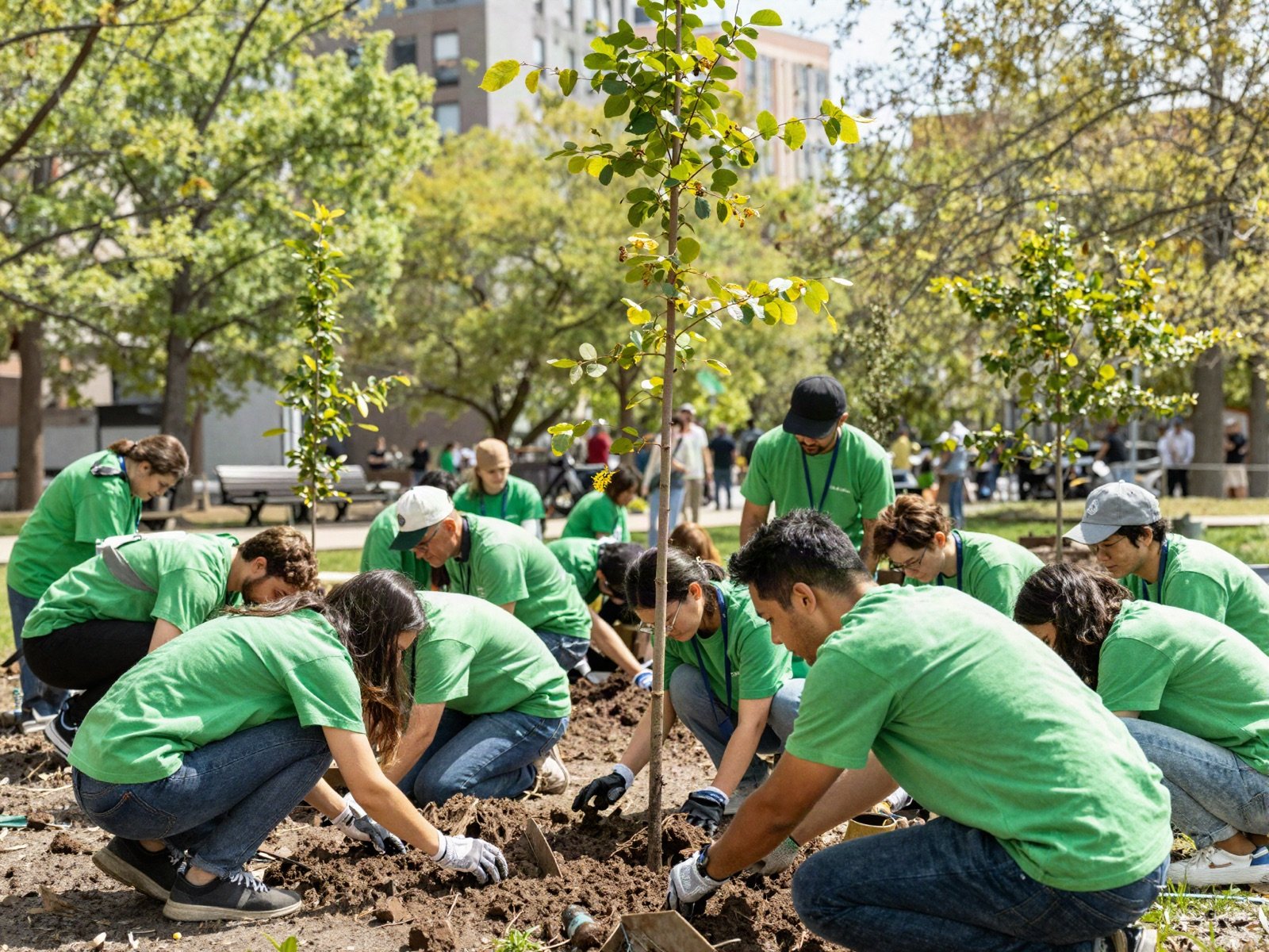 Volunteers in green t-shirts planting young trees in a city park