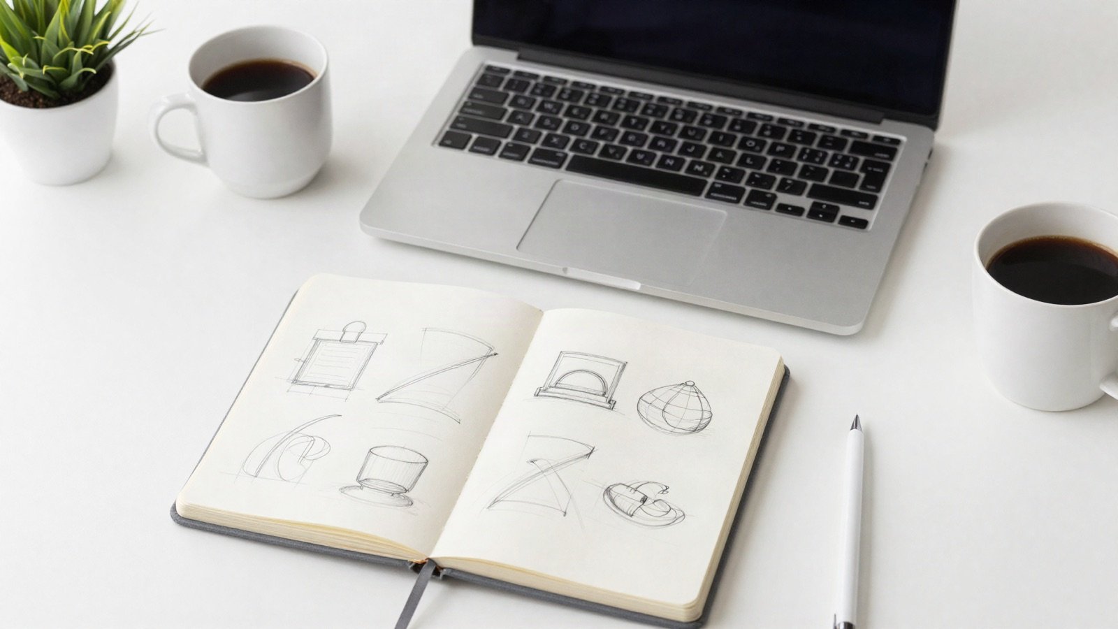 A sketchbook with pencil wireframe drawings beside a laptop and coffee cups on a white desk