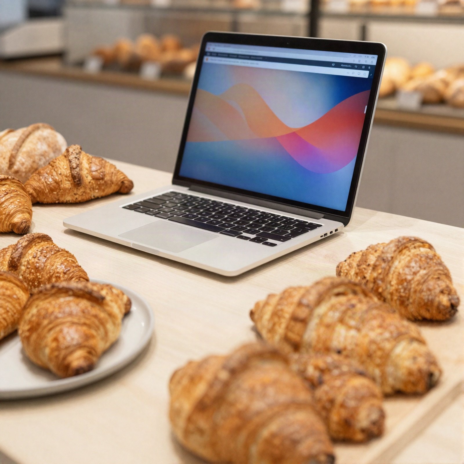 A laptop on a bakery counter surrounded by fresh croissants