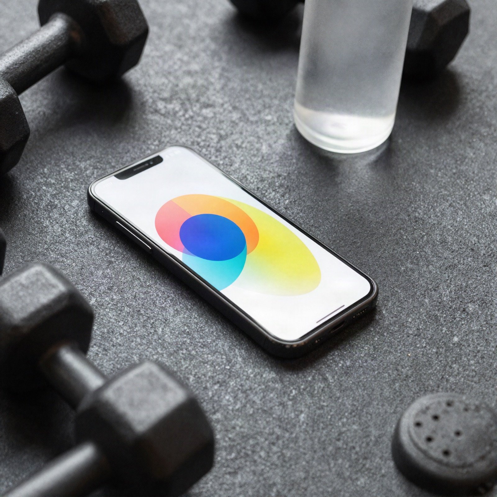 A smartphone with a colourful fitness app on a gym floor beside dumbbells