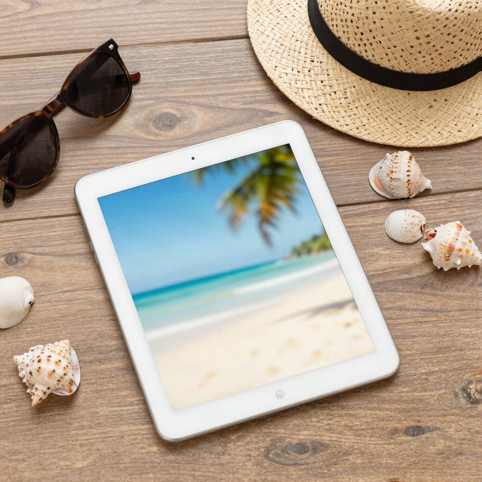 A tablet showing a tropical beach next to sunglasses, a straw hat and seashells