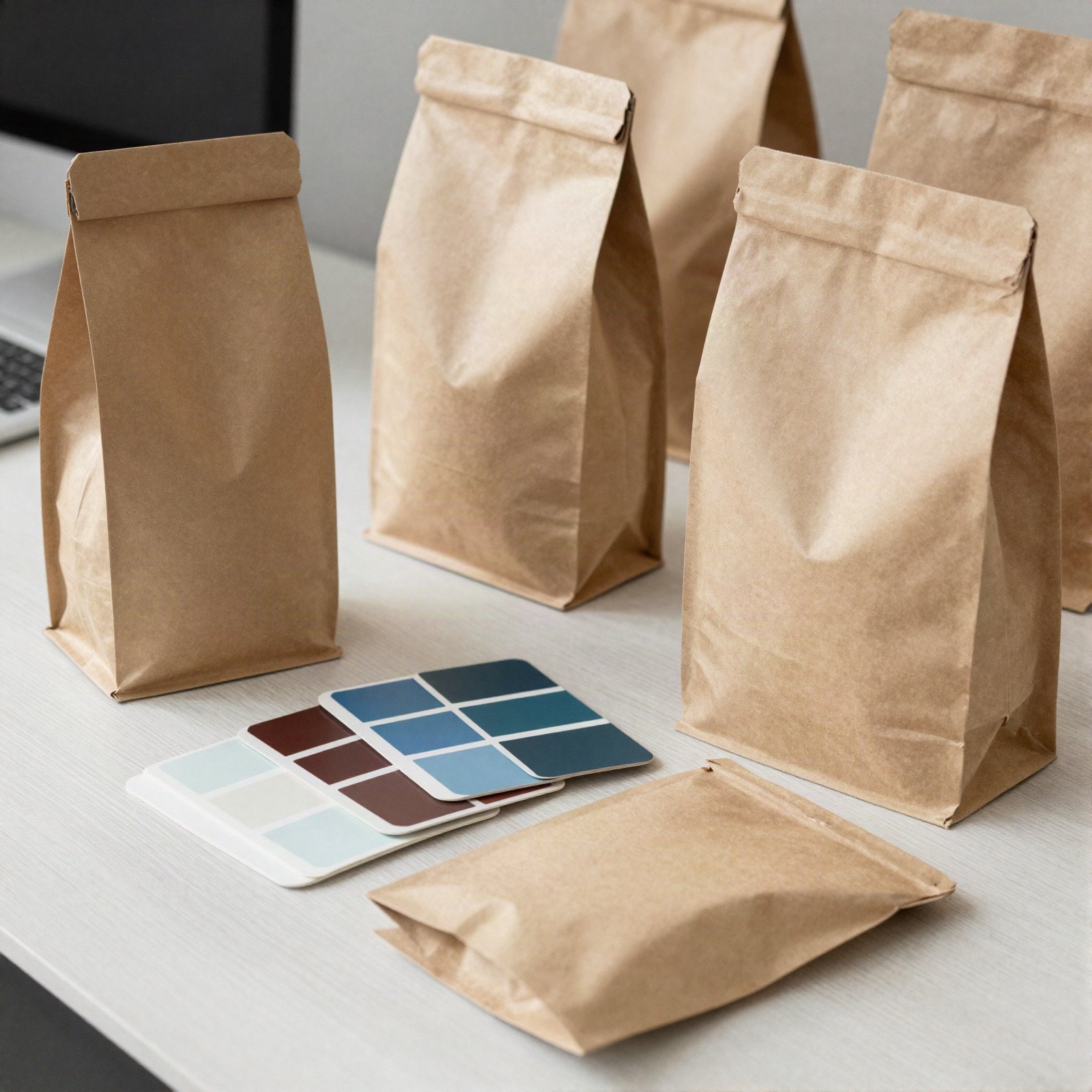 Kraft coffee bags and colour swatches for a coffee brand identity