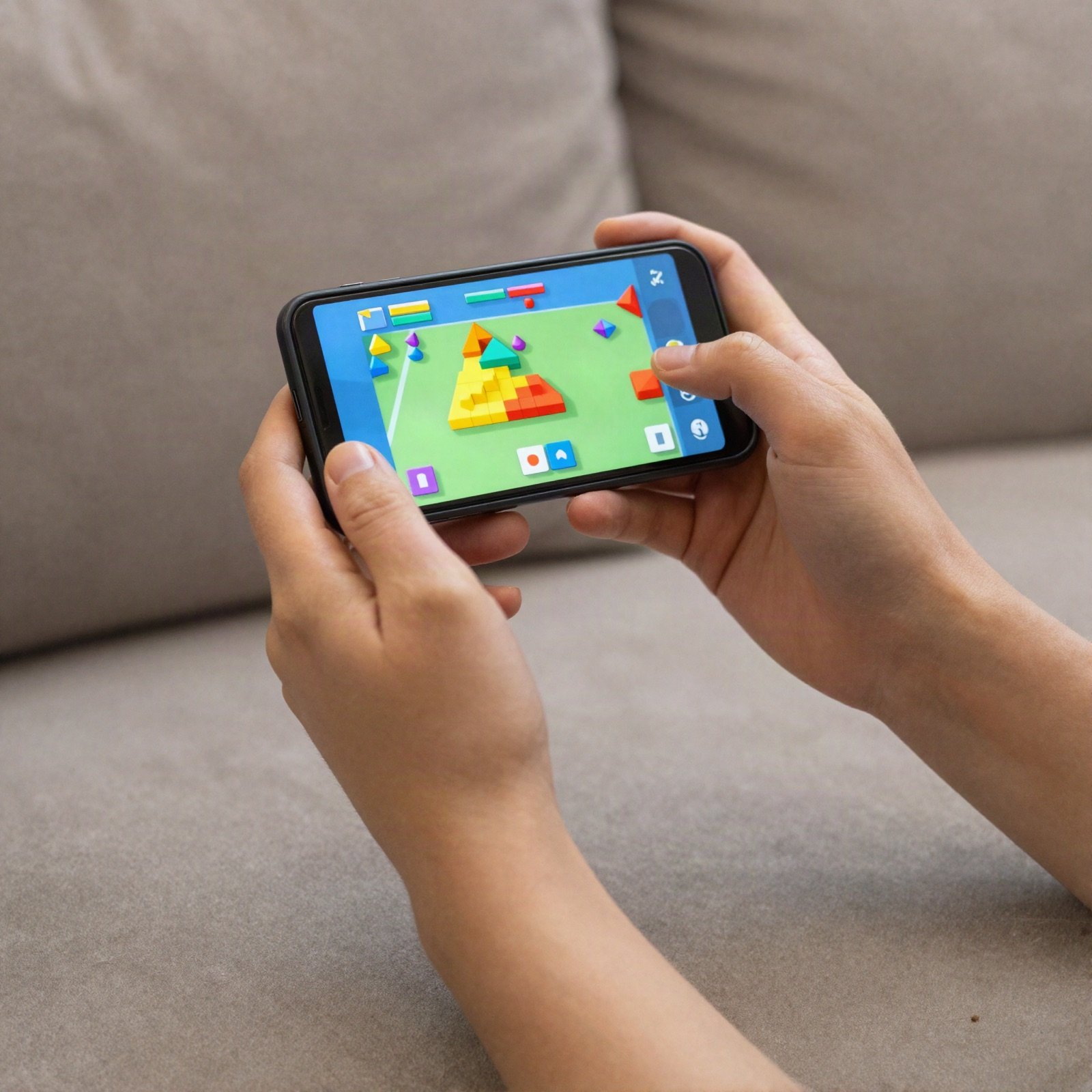 Hands holding a smartphone playing a colourful block puzzle game