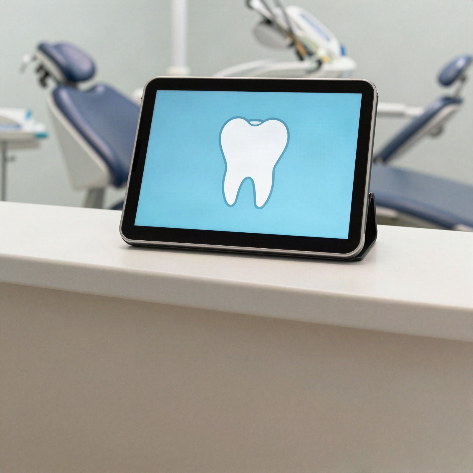 A tablet showing a tooth illustration at a dental clinic reception