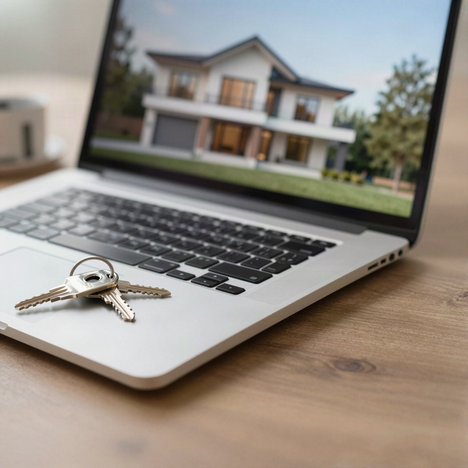 A laptop showing a modern house with keys resting on the keyboard