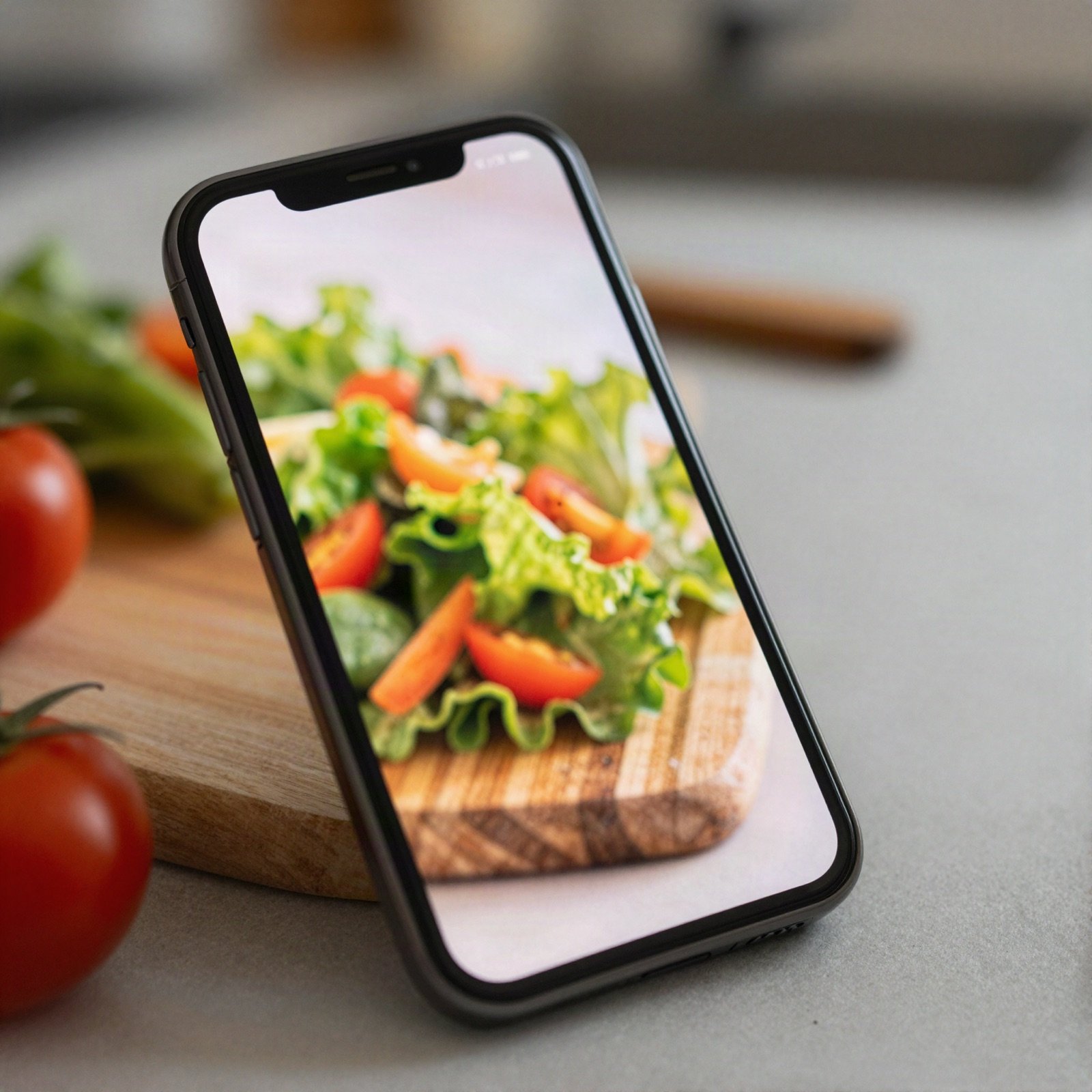 A smartphone showing a fresh salad on a kitchen counter
