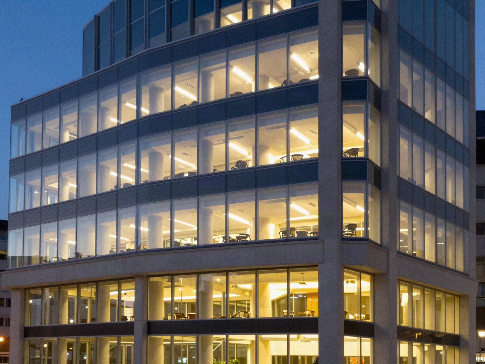 A glass office building with lit windows at blue hour