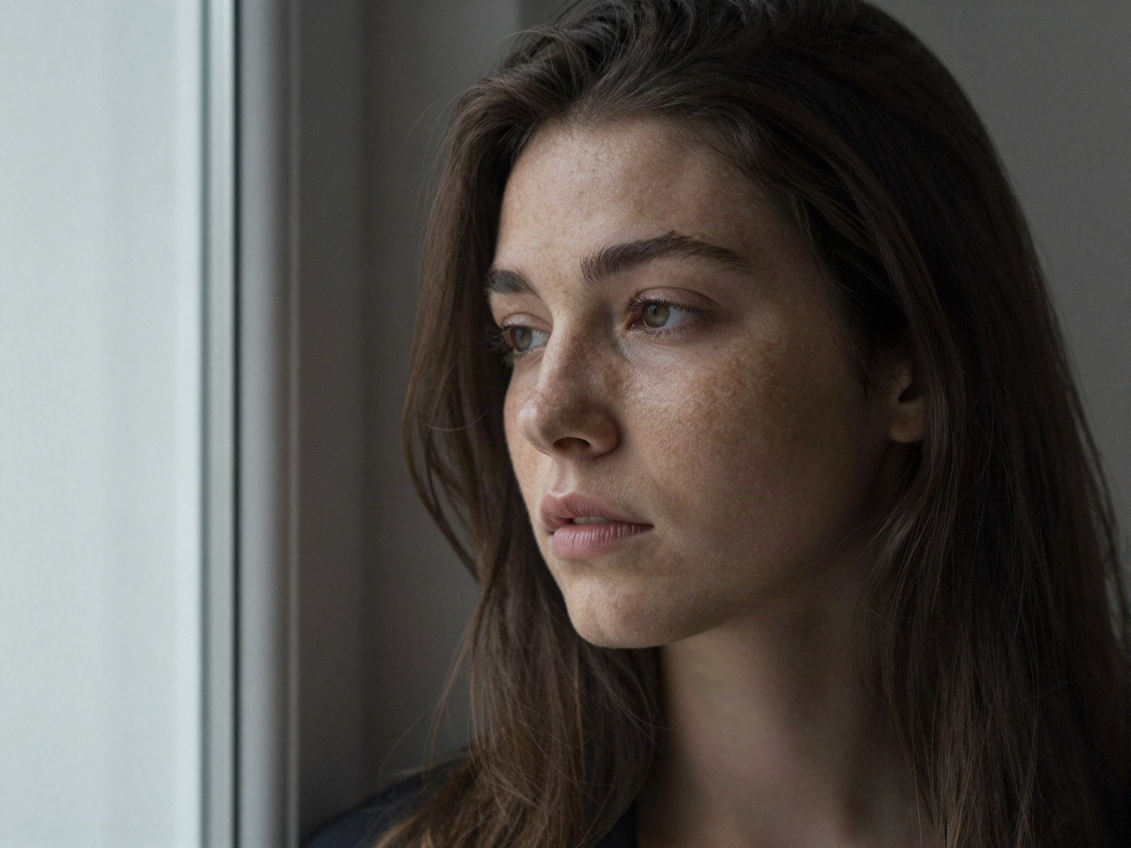 A young woman with freckles by a window in soft light