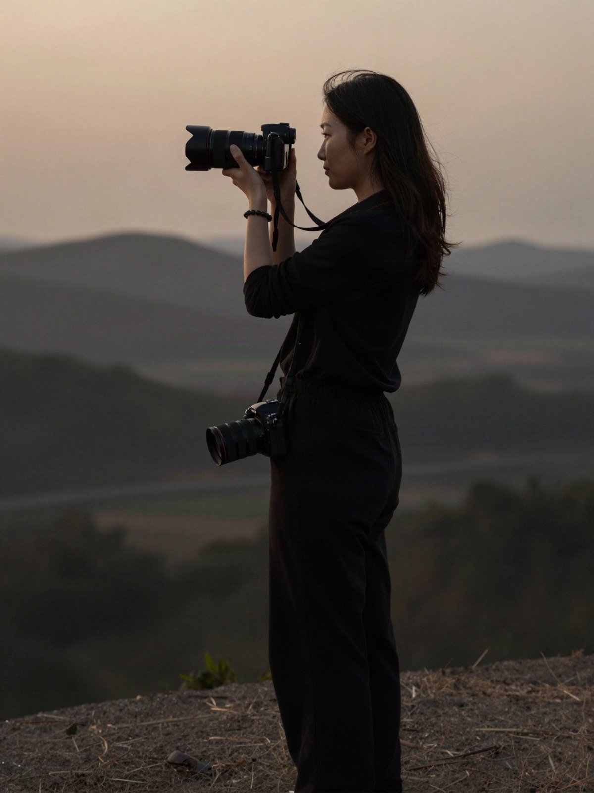 A photographer raising her camera on a hilltop at dusk
