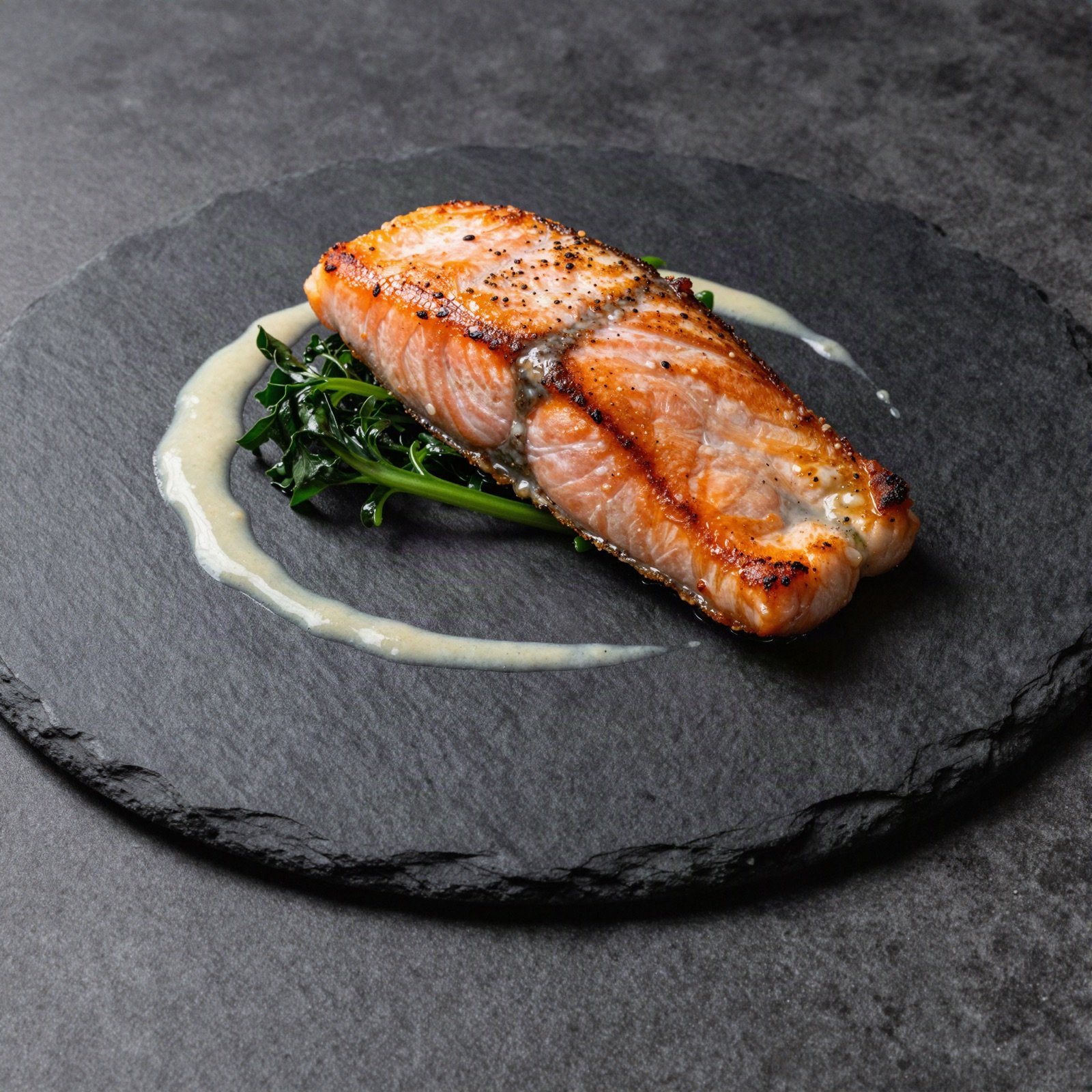 Seared salmon with greens on a slate plate