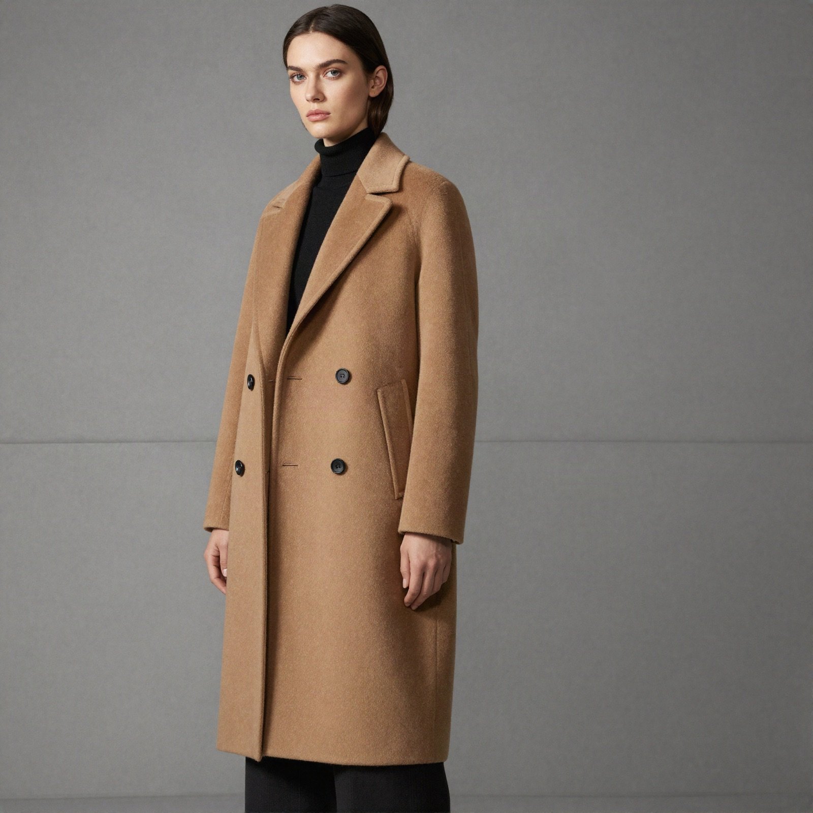 A model in a camel coat against a concrete wall