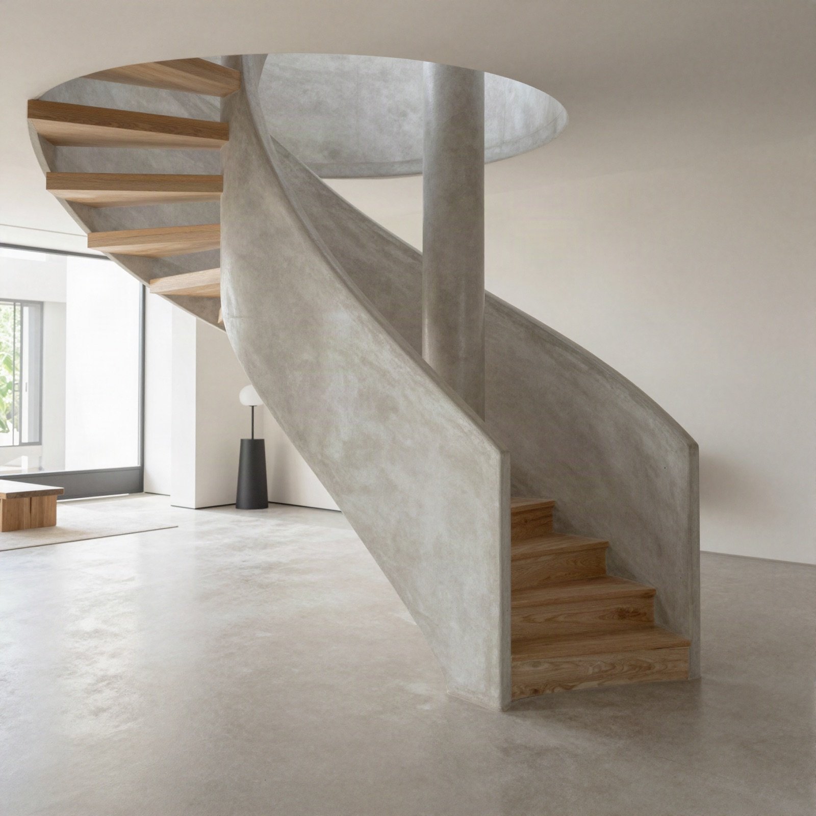 A concrete spiral staircase in a bright minimalist interior