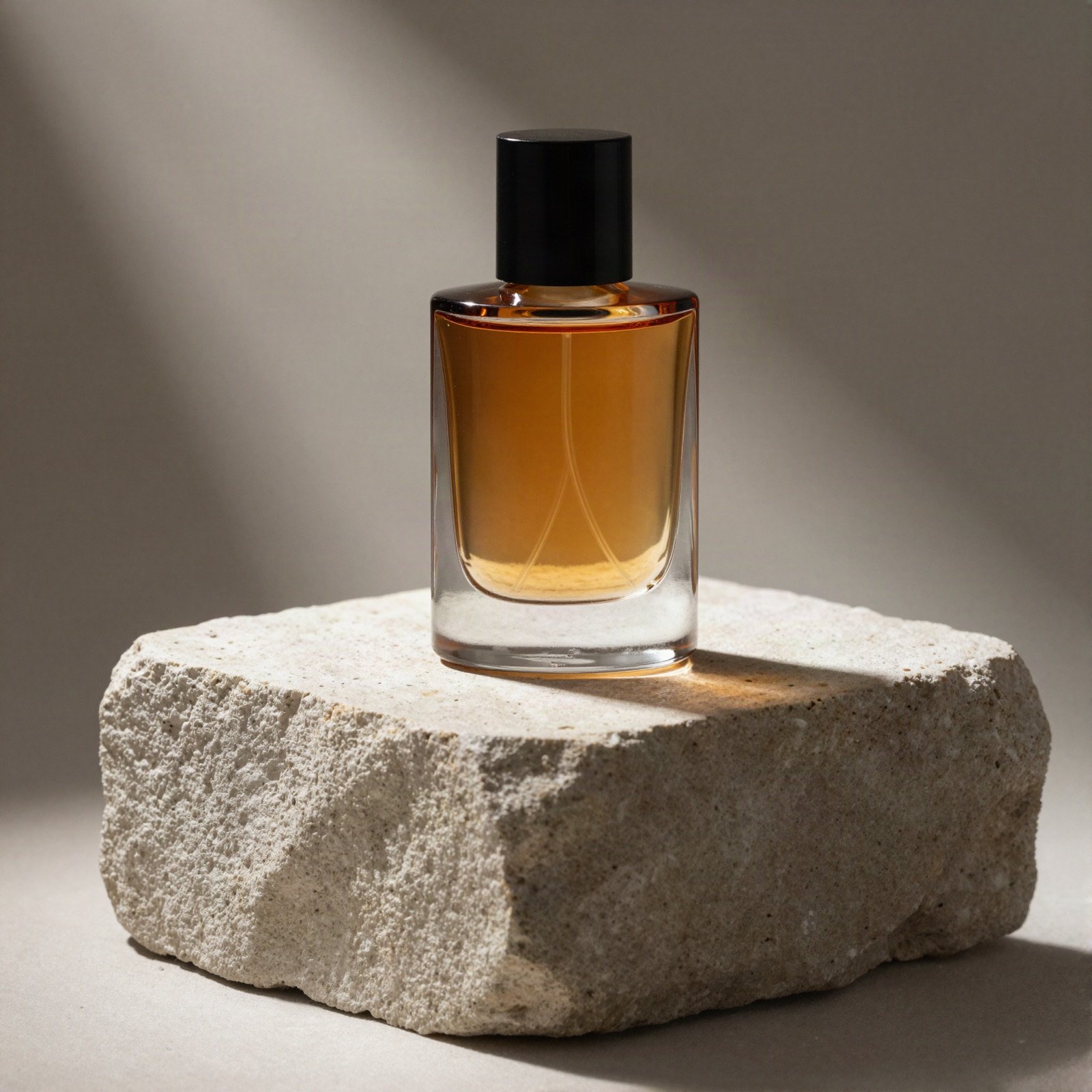An amber perfume bottle on a stone block