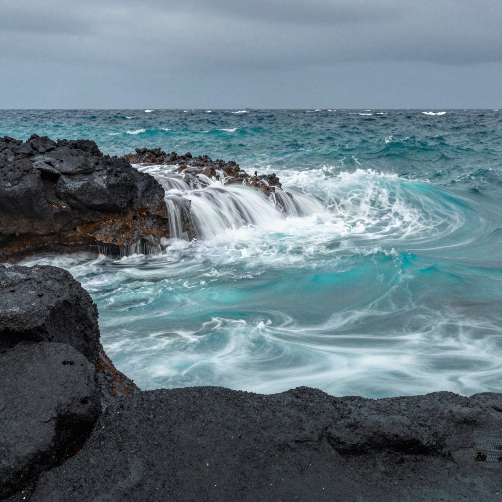 Turquoise waves crashing over dark volcanic rocks