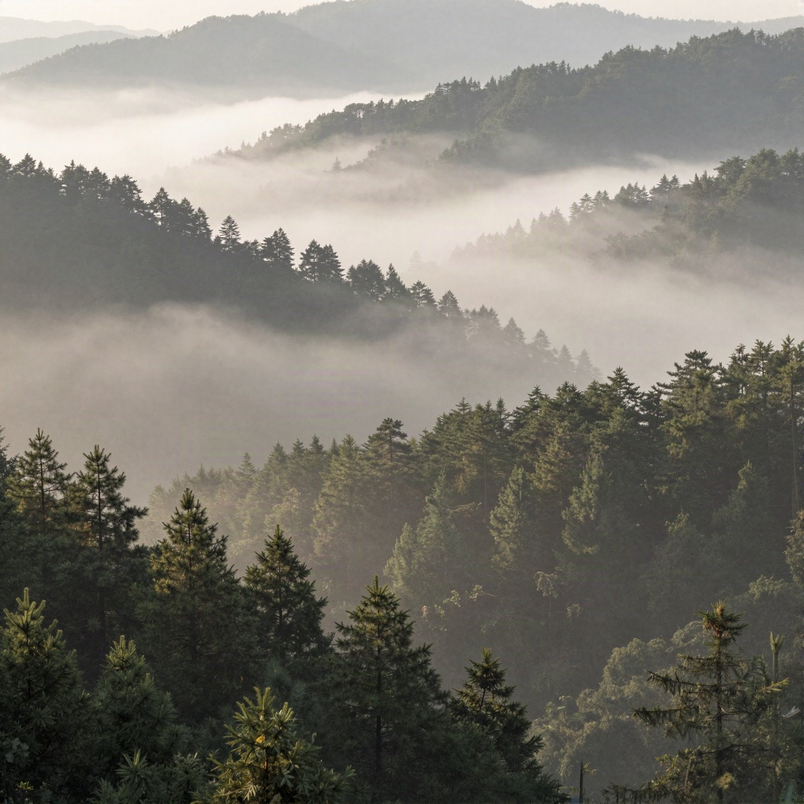 Fog drifting between forested ridges at sunrise
