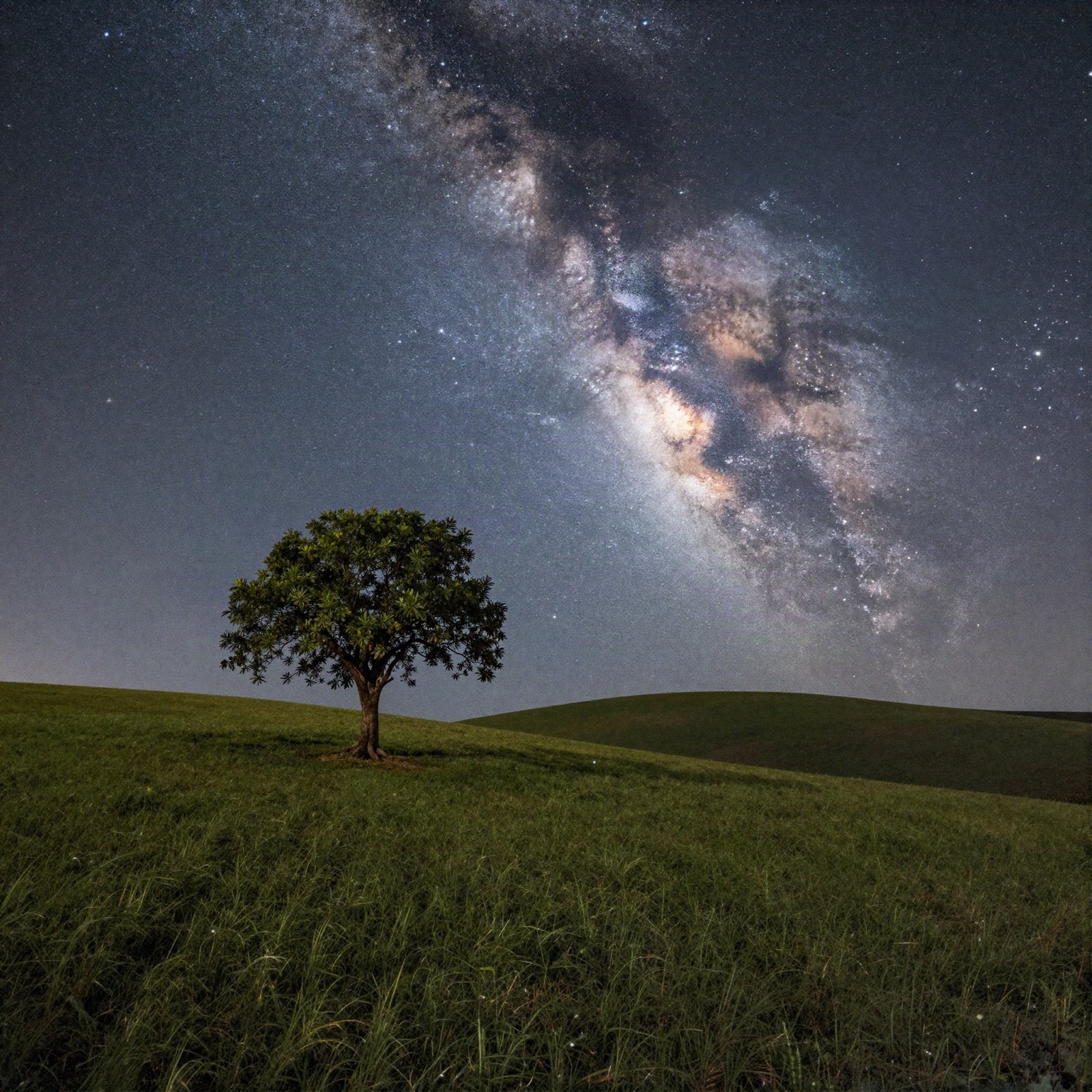 A lone tree on a hill beneath the Milky Way