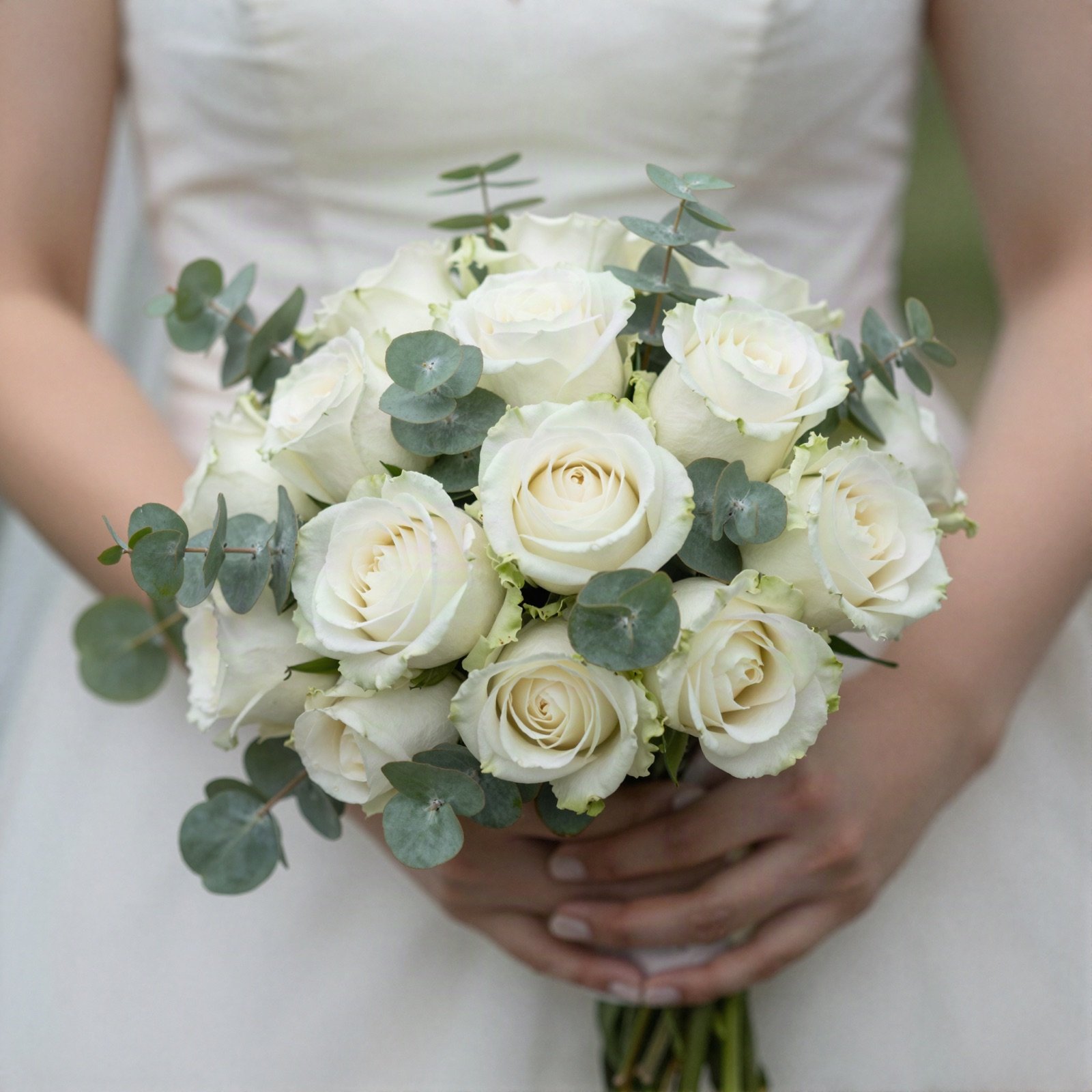 A bride holding a bouquet of white roses and eucalyptus